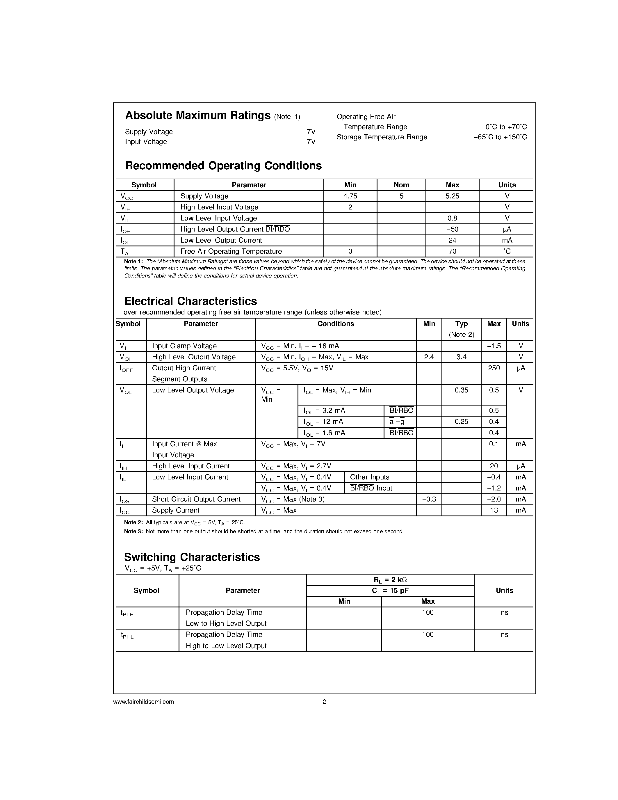 Datasheet DM74LS247 page 2 Datasheet DM74LS247 - BCD to 7-Segment Decoder/Driver with Open-Collector Outputs page 2