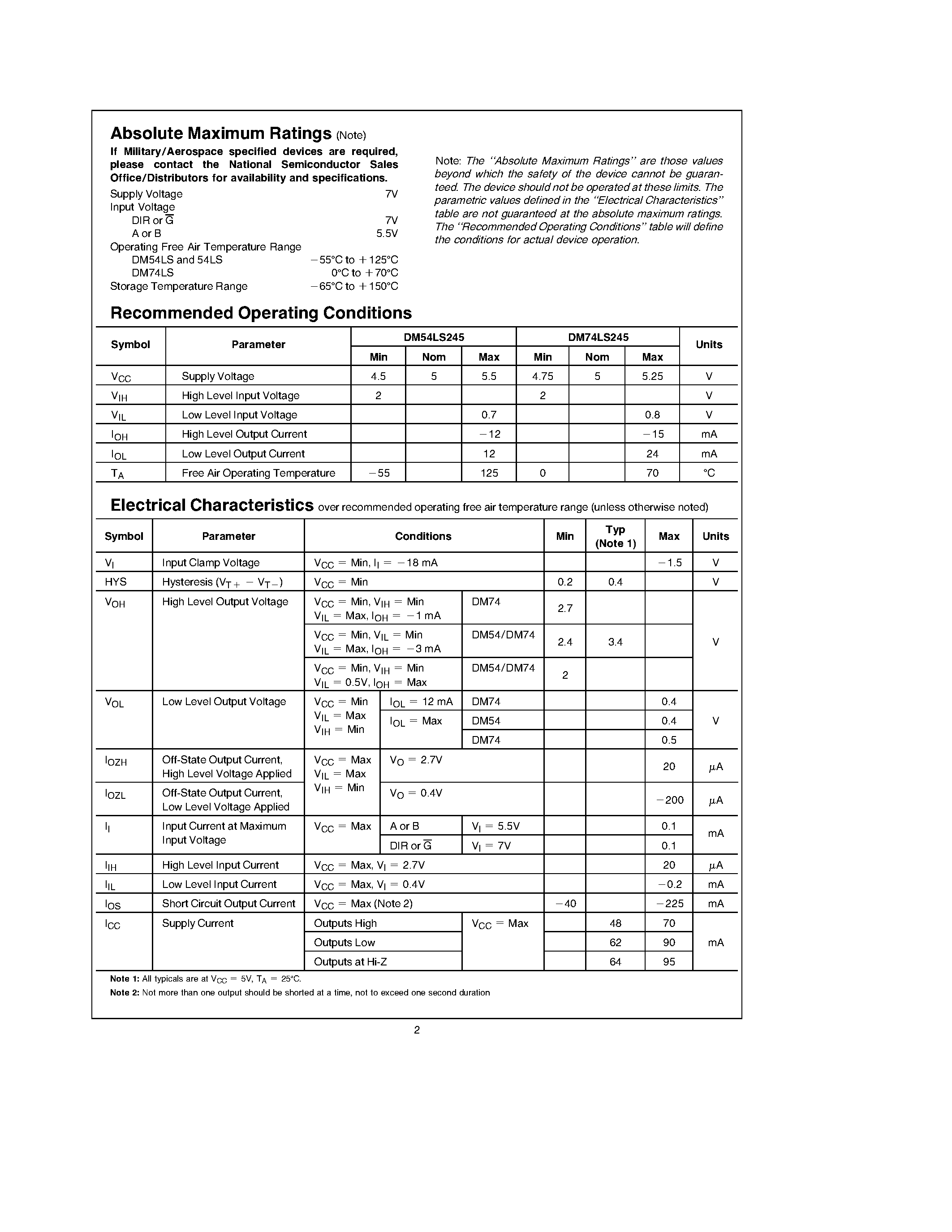 Datasheet DM74LS245 page 2 Datasheet DM74LS245 - TRI-STATE Octal Bus Transceiver page 2