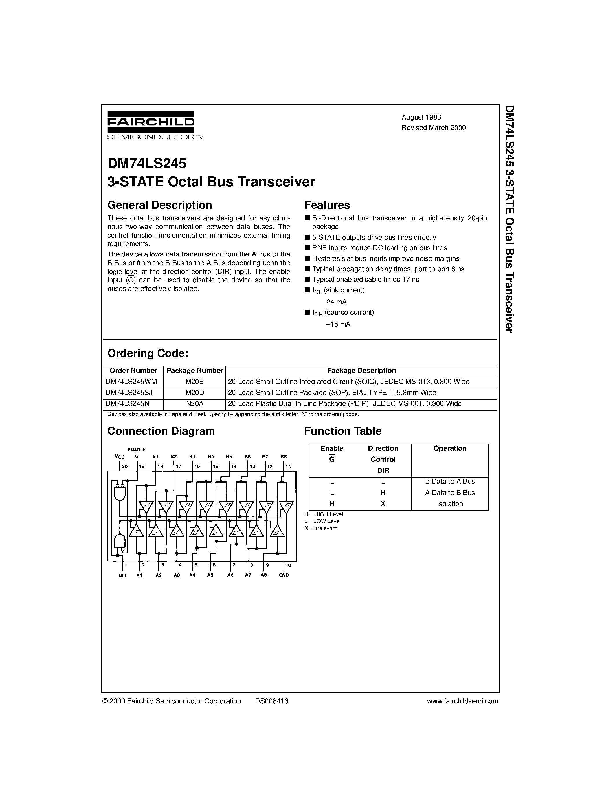 Даташит на микросхему DM74LS245 страница 1 Даташит DM74LS245 - 3-STATE Octal Bus Transceiver страница 1