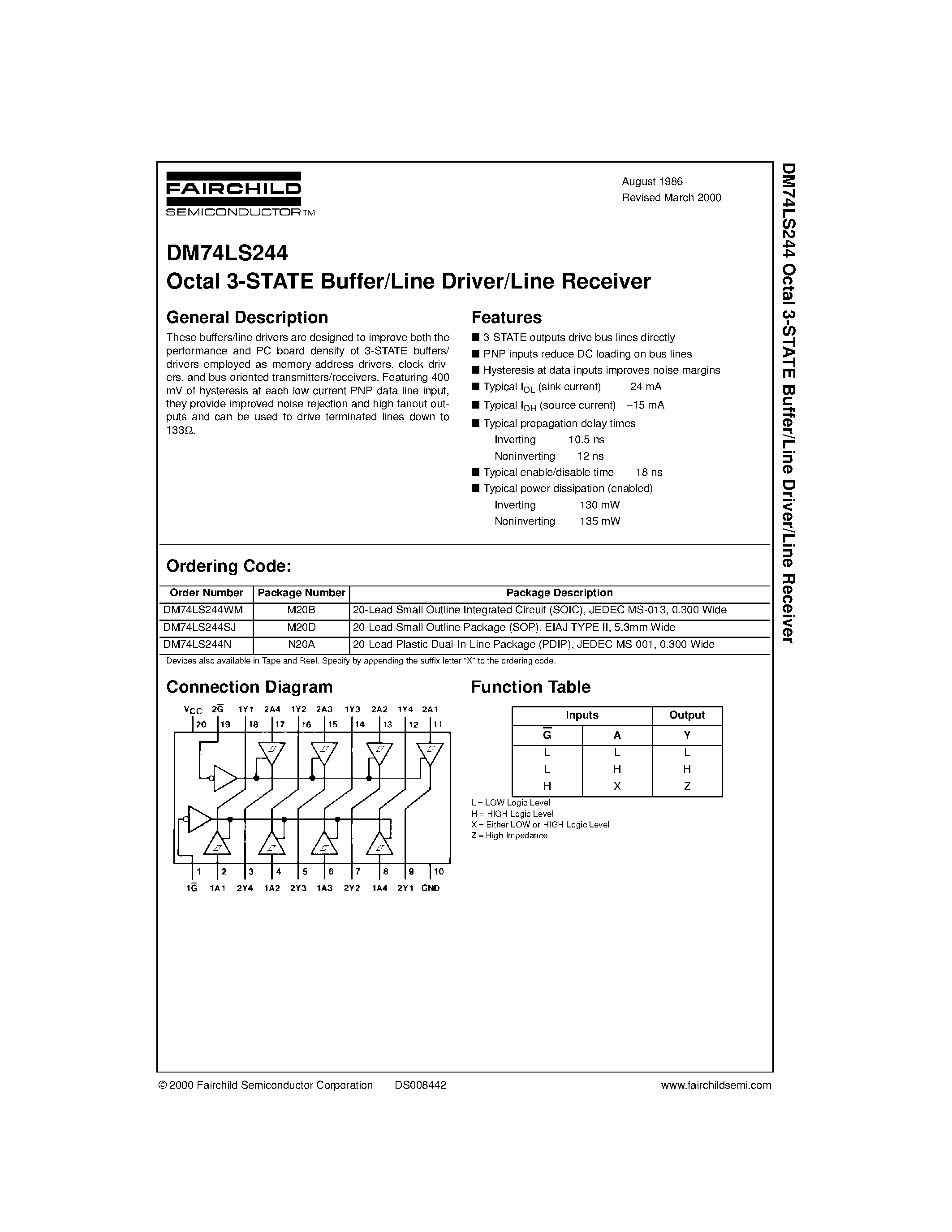Datasheet DM74LS244 page 1 Datasheet DM74LS244 - Octal 3-STATE Buffer/Line Driver/Line Receiver page 1