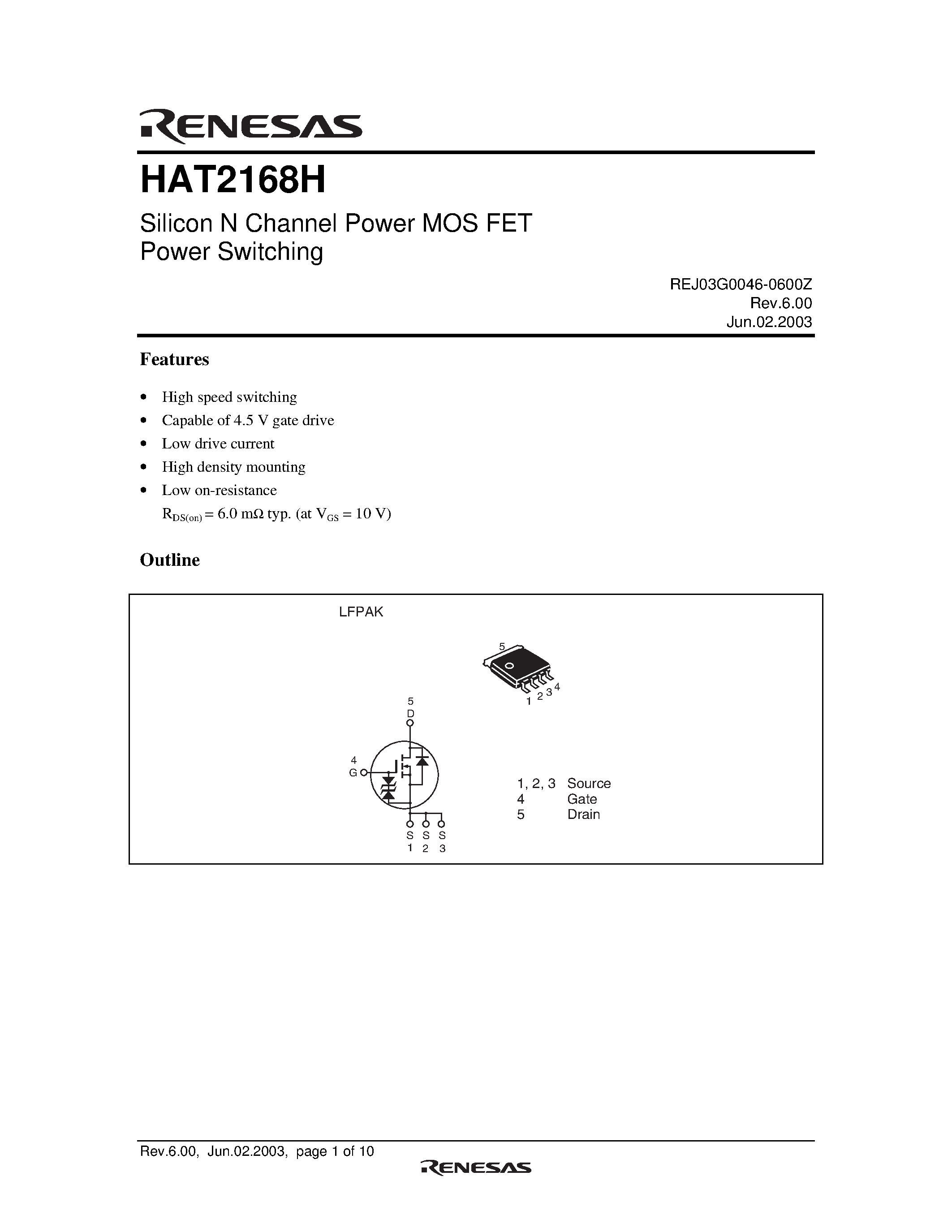 Datasheet HAT2168H - Silicon N Channel Power MOS FET Power Switching page 1