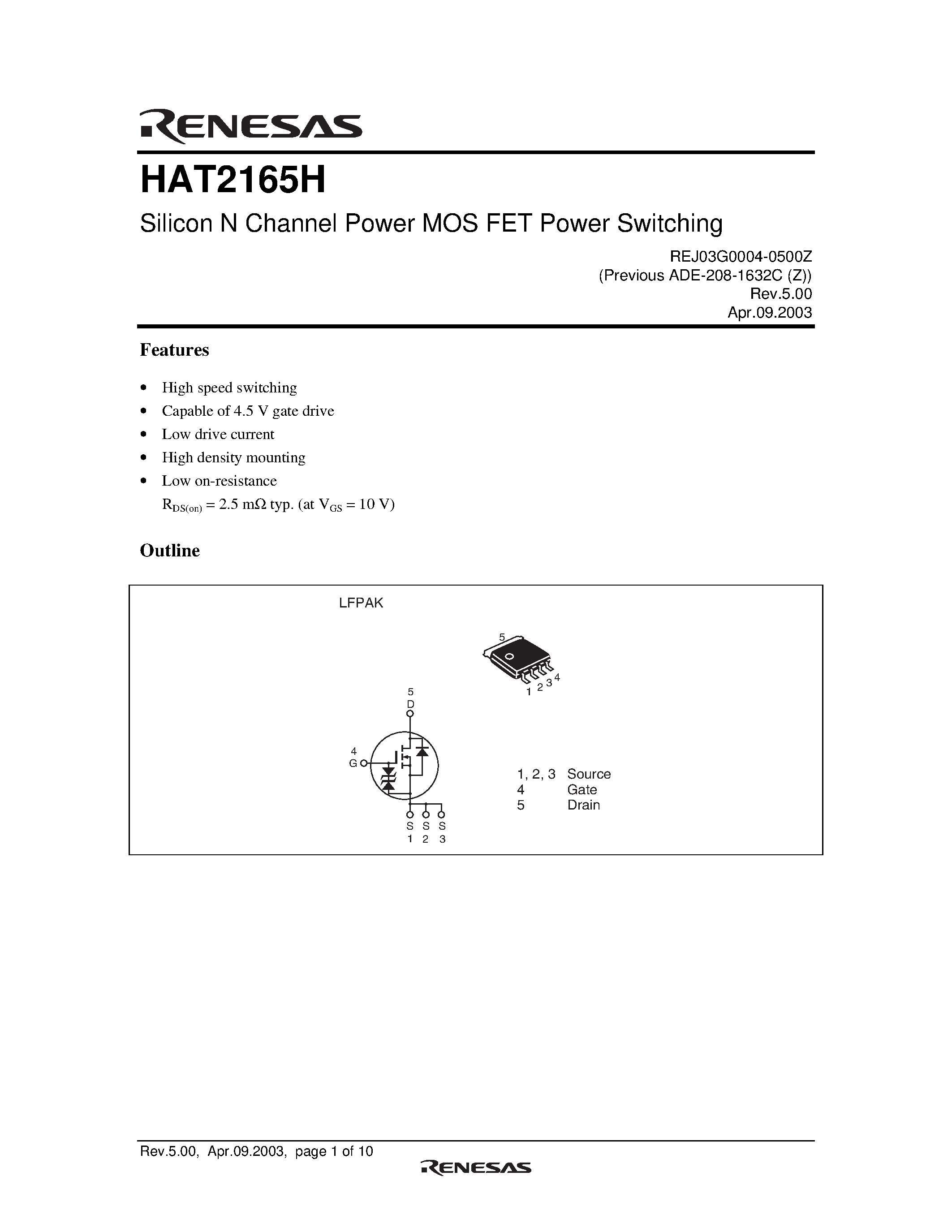 Datasheet HAT2165H page 1 Datasheet HAT2165H - Silicon N Channel Power MOS FET Power Switching page 1