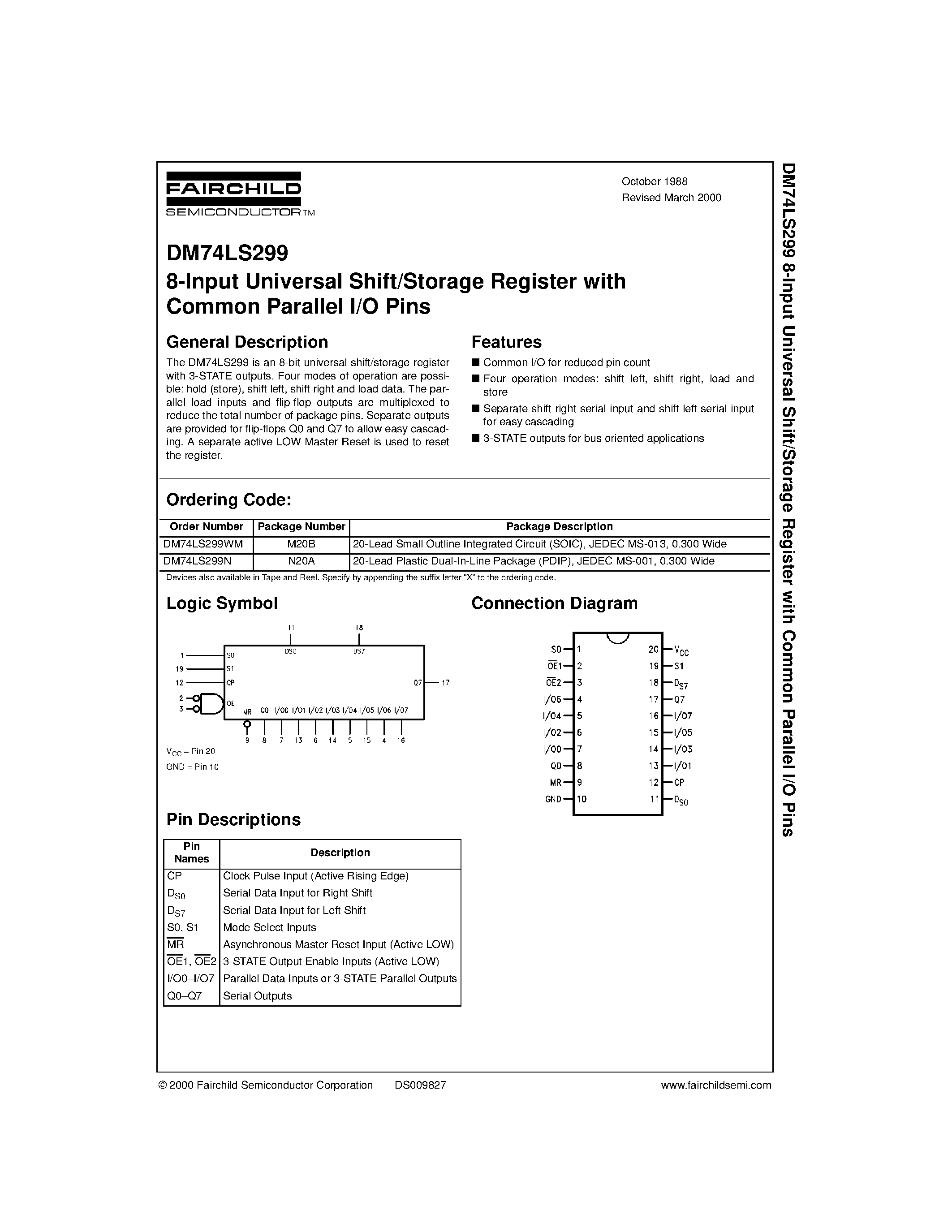 Даташит DM74LS299 - 8-Input Universal Shift/Storage Register страница 1