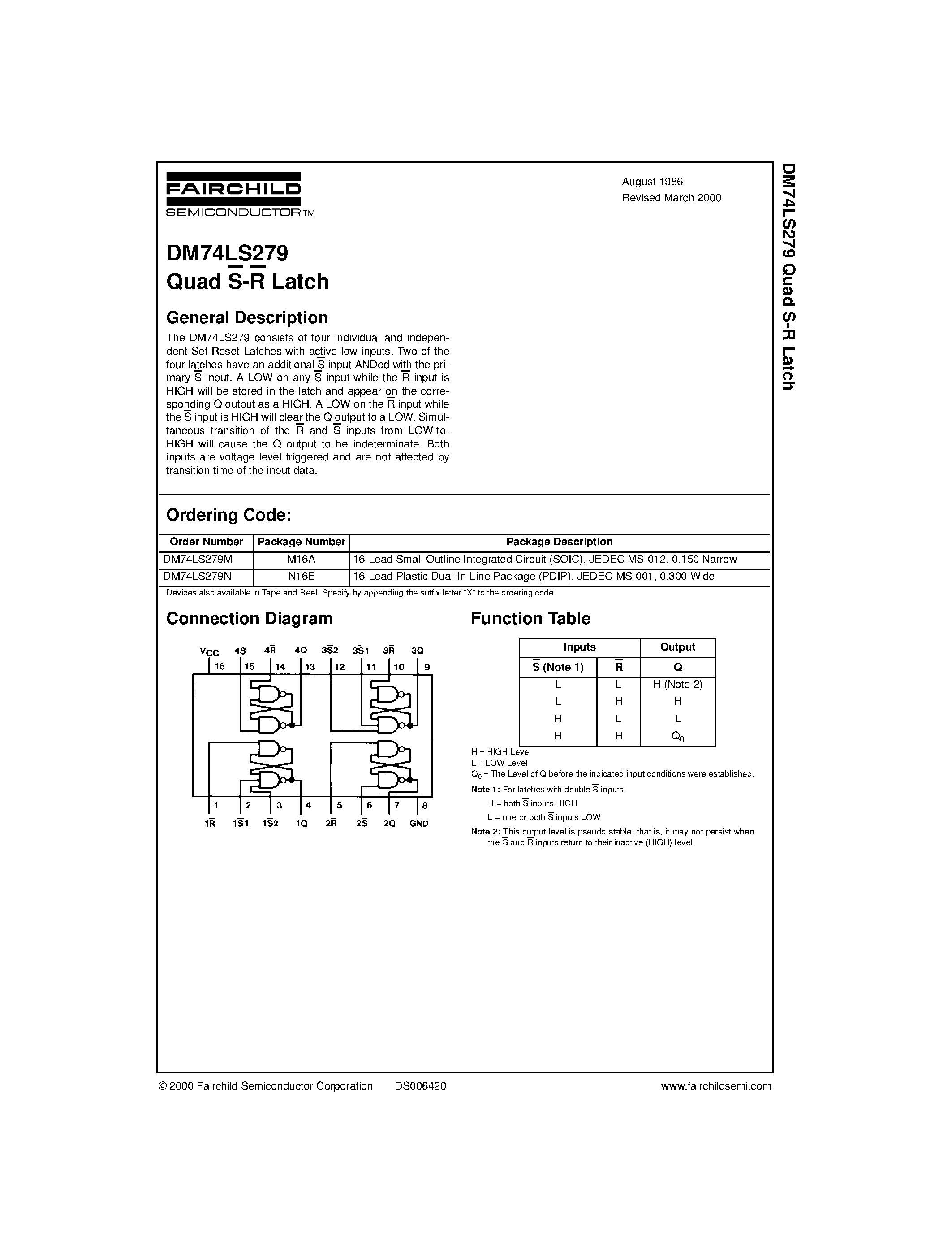 Datasheet DM74LS279 page 1 Datasheet DM74LS279 - Quad S-R Latch page 1