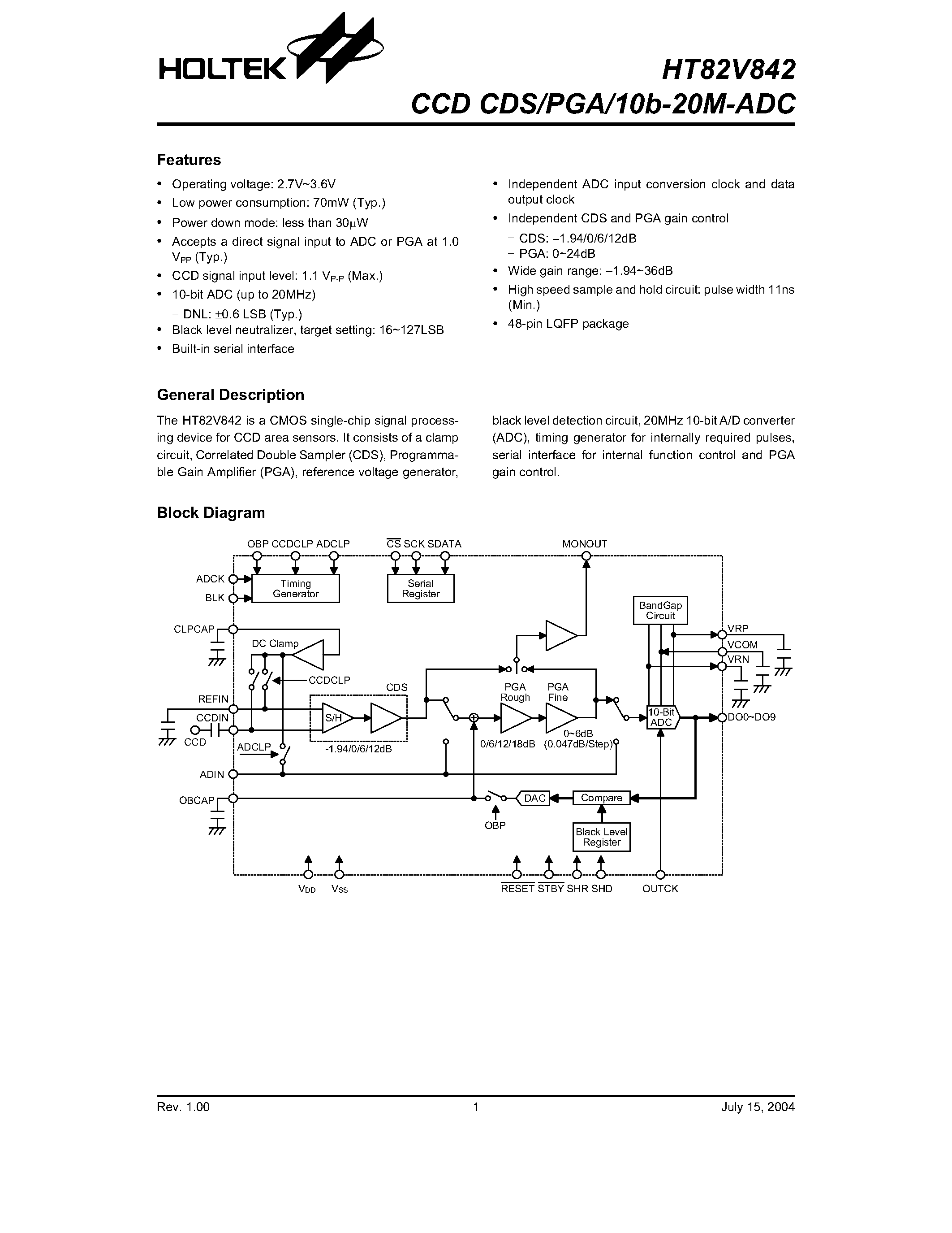 Datasheet HT82V842 - CCD CDS/PGA/10b-20M-ADC page 1