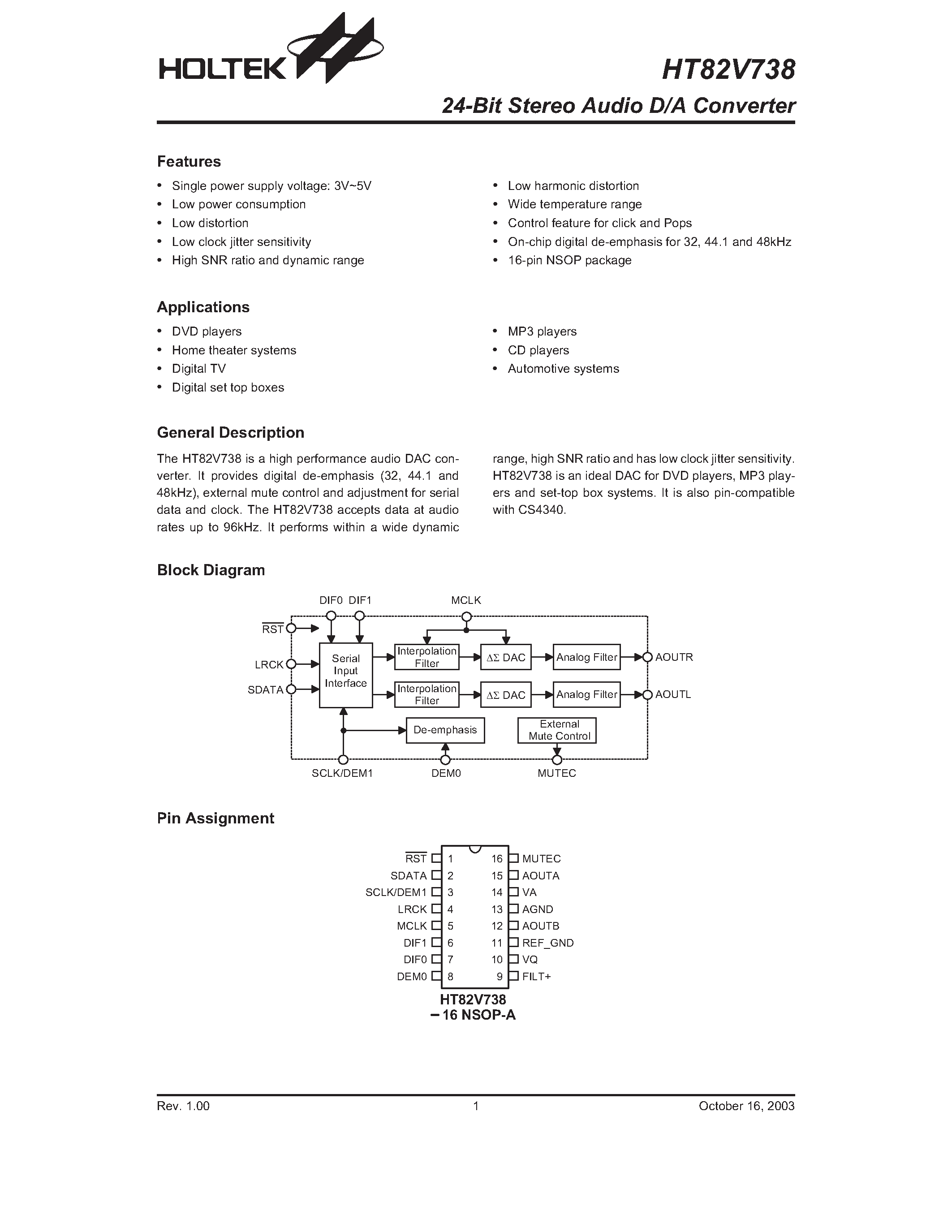 Даташит HT82V738 - 24-Bit Stereo Audio D/A Converter страница 1