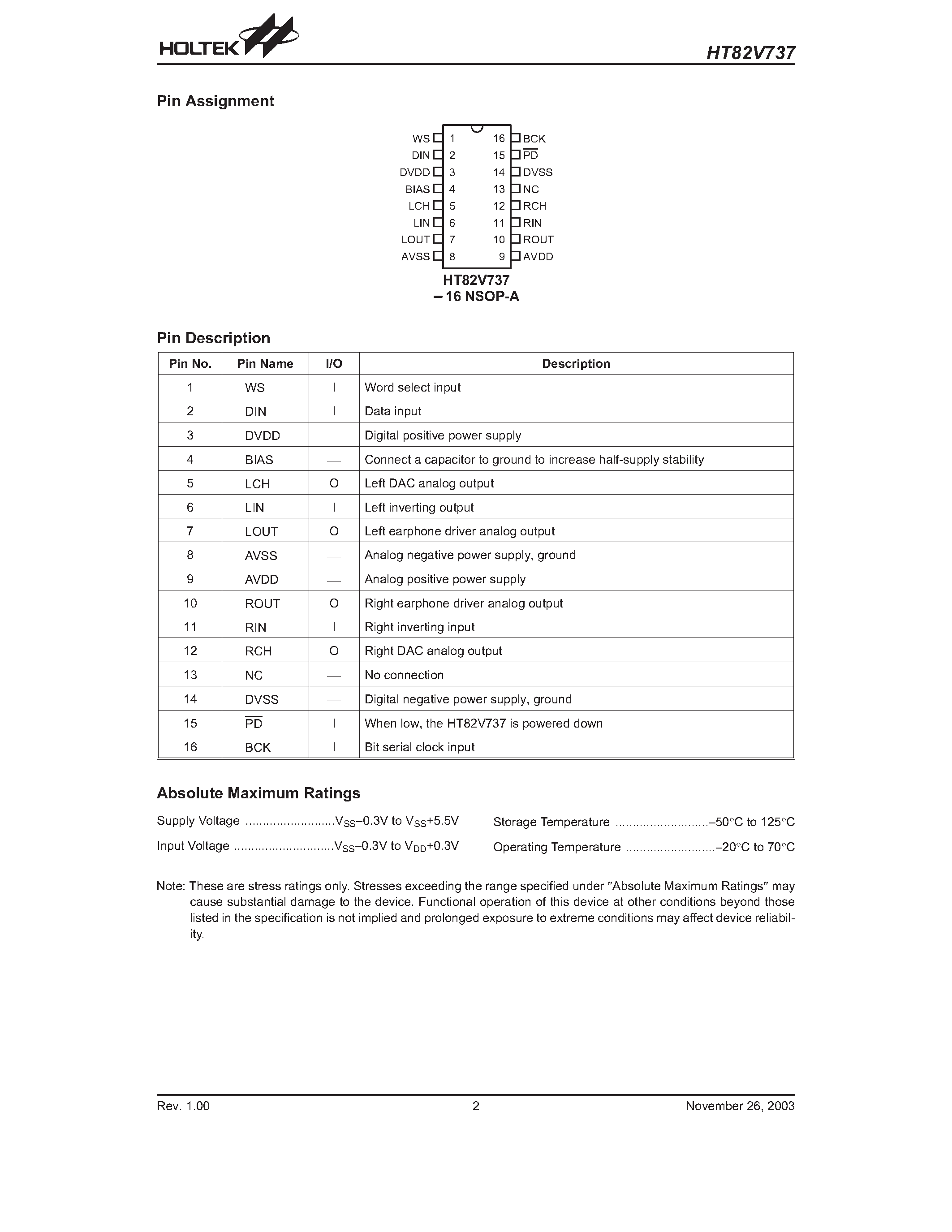 Даташит HT82V737 - 16-Bit Stereo Audio D/A Converter with Earphone Driver страница 2