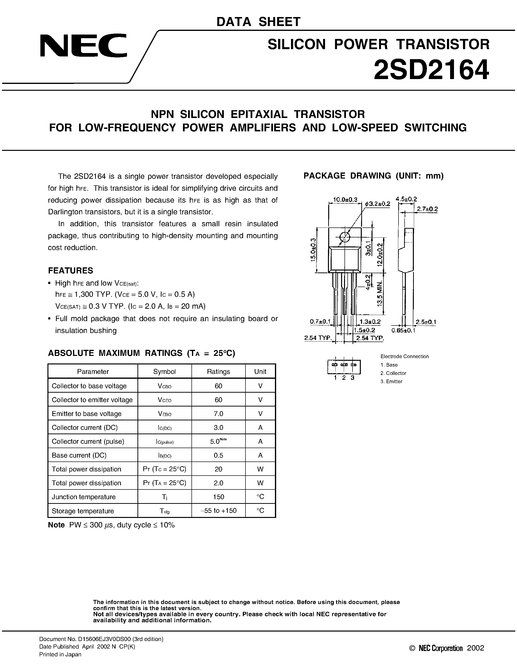 Даташит 2SD2164 - NPN SILICON EPITAXIAL TRANSISTOR FOR LOW-FREQUENCY POWER AMPLIFIERS AND LOW-SPEED SWITCHING страница 1