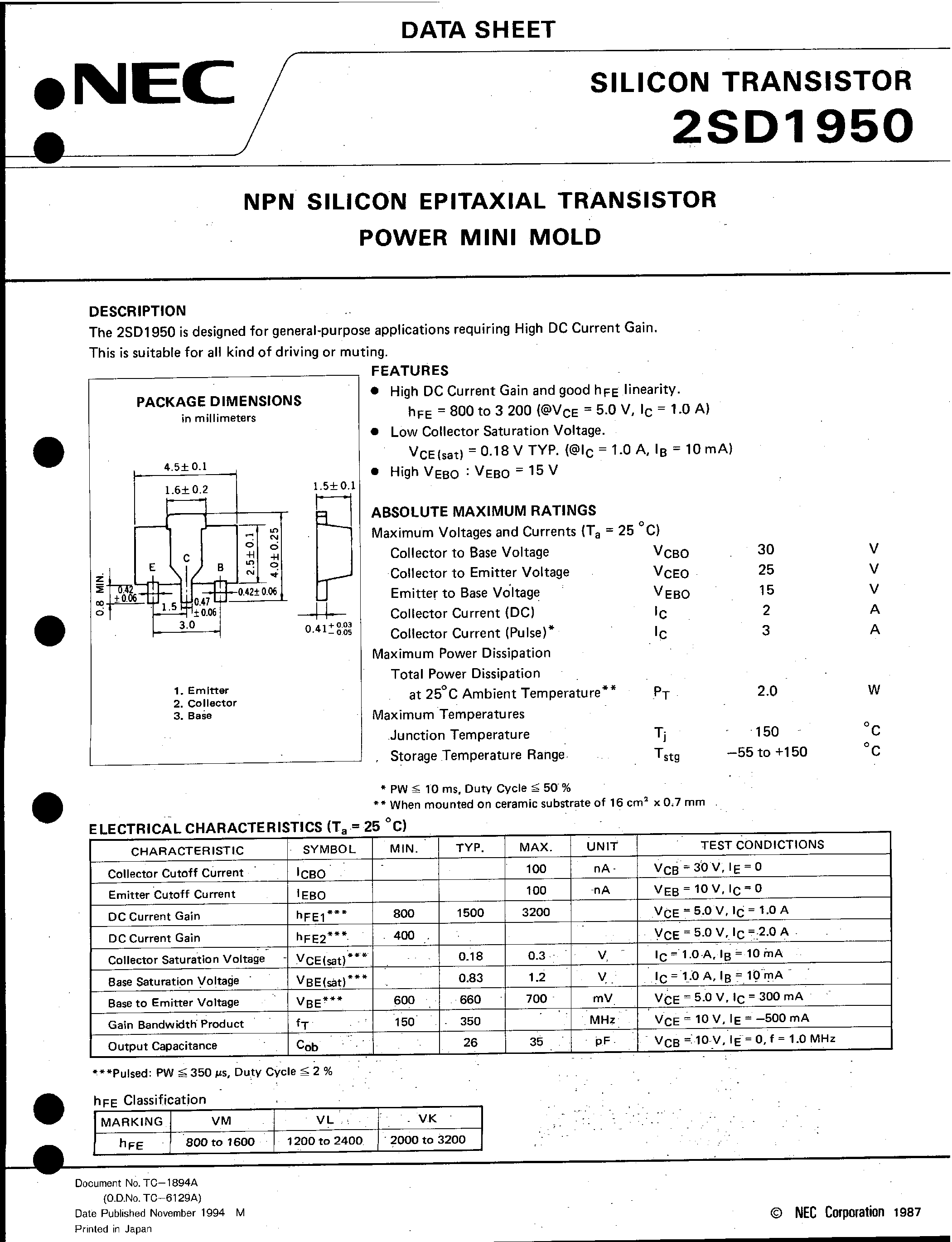 Datasheet D1950 - Search ---> 2SD1950 page 1