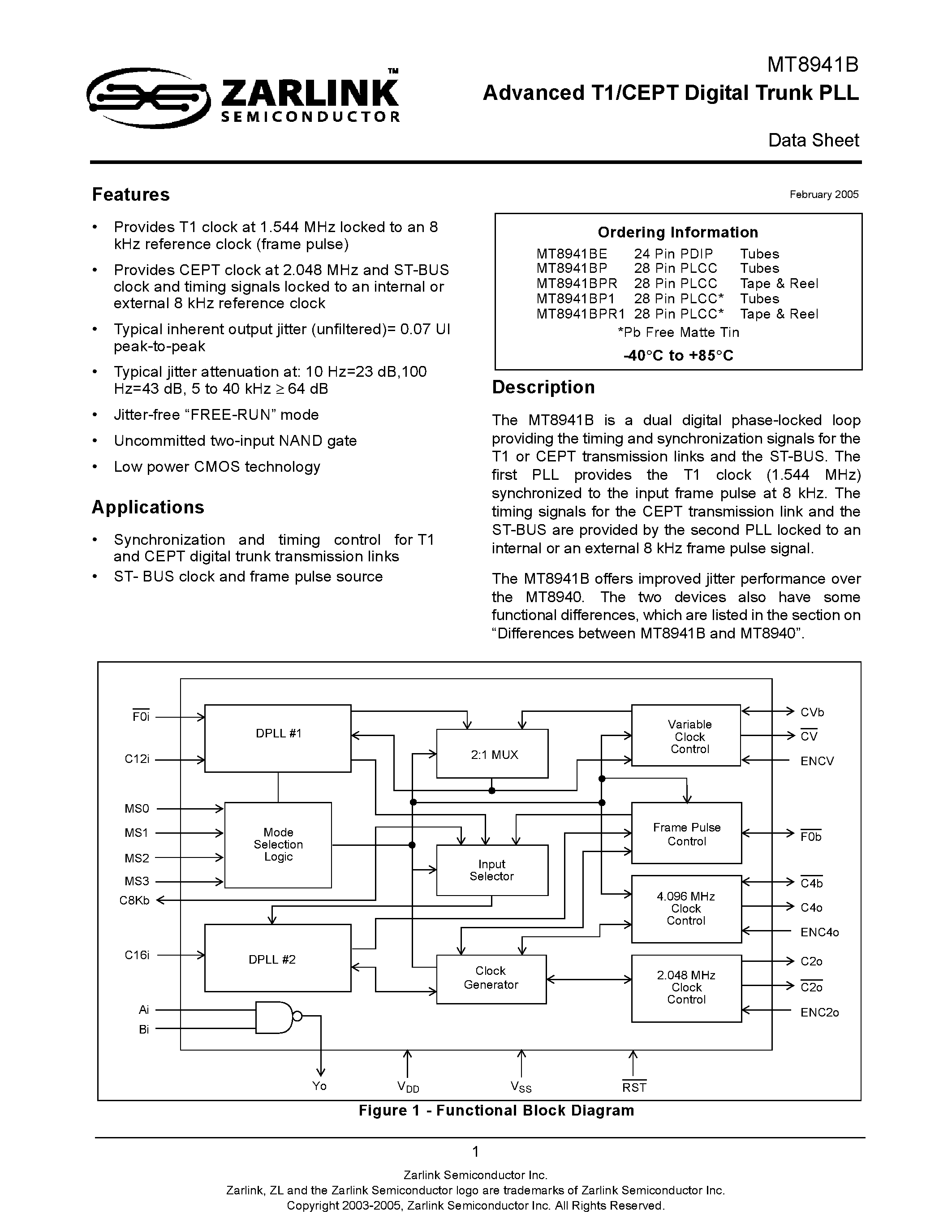 Datasheet MT8941B page 1 Datasheet MT8941B - Advanced T1/CEPT Digital Trunk PLL page 1