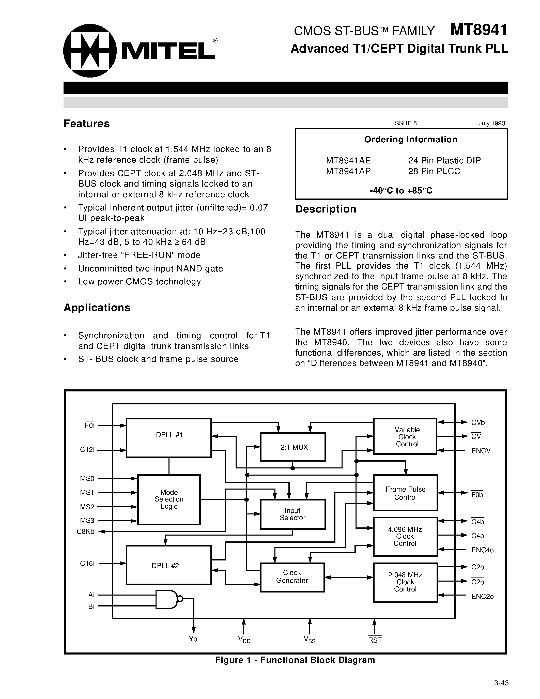 Datasheet MT8941 - CMOS ST-BUS FAMILY Advanced T1/CEPT Digital Trunk PLL page 1