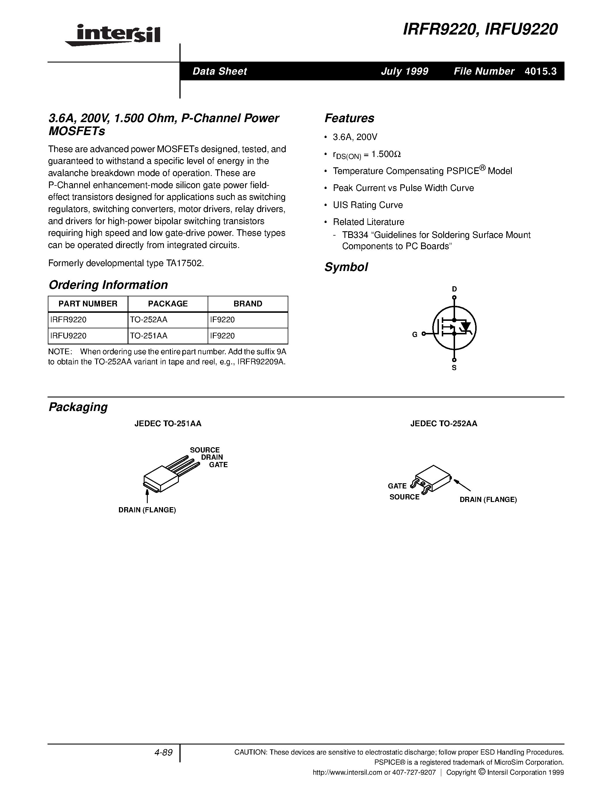 Datasheet IRFR9220 - P Channel Power MOSFET page 1