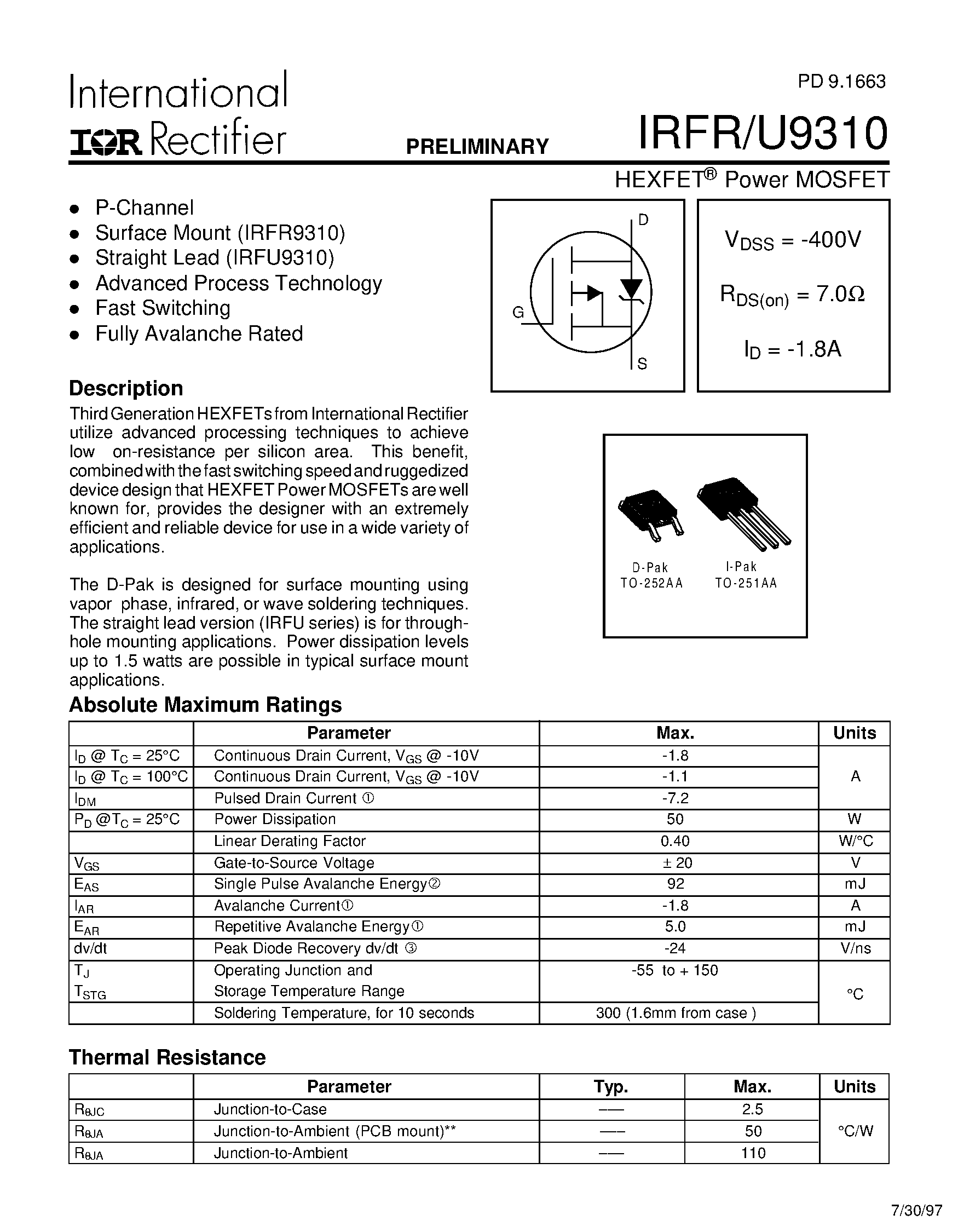 Datasheet IRFR9310 page 1 Datasheet IRFR9310 - Power MOSFET page 1