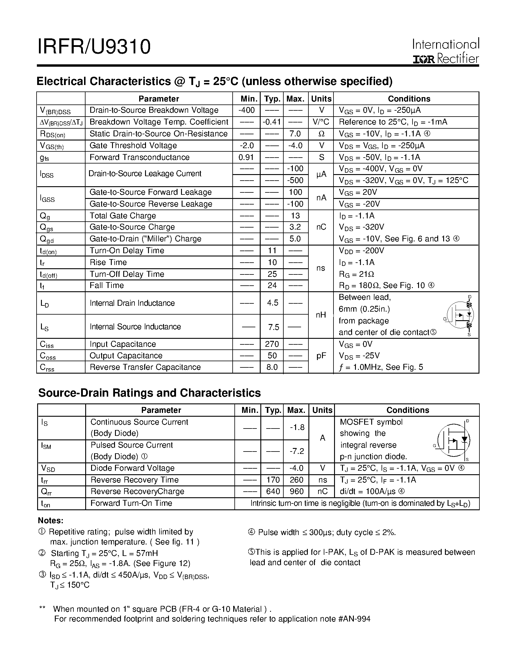 Datasheet IRFR9310 page 2 Datasheet IRFR9310 - Power MOSFET page 2