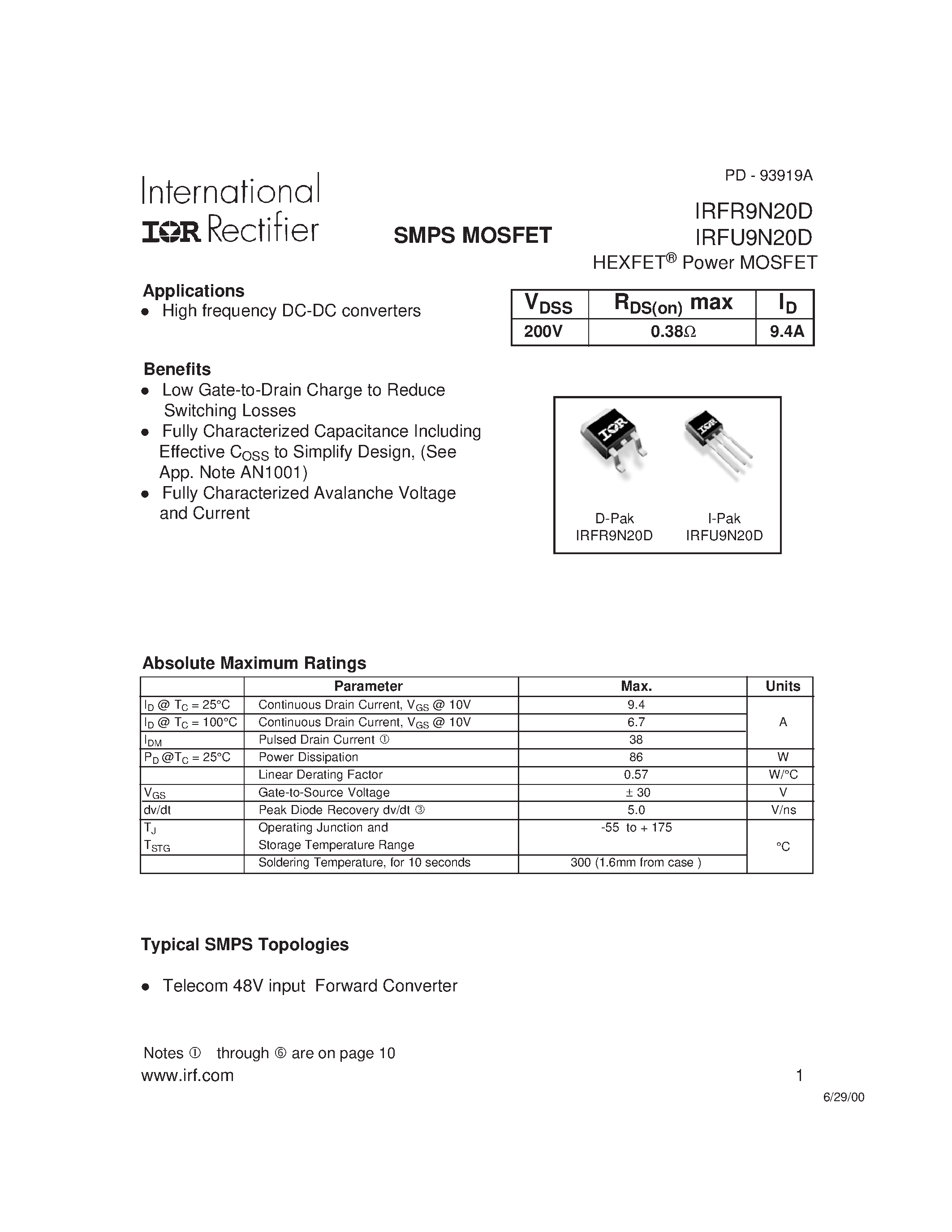 Datasheet IRFR9N20D - Power MOSFET page 1