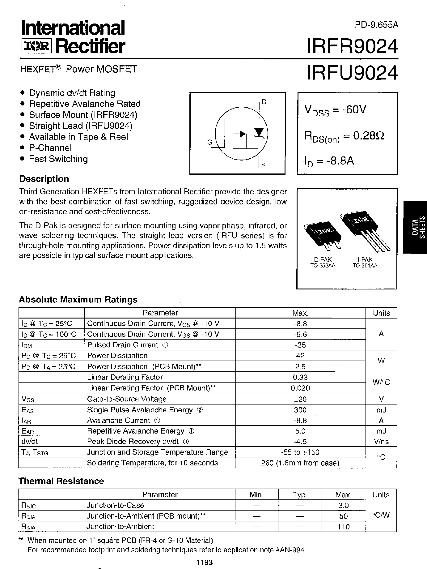 Datasheet IRFU9024 - Power MOSFET page 1