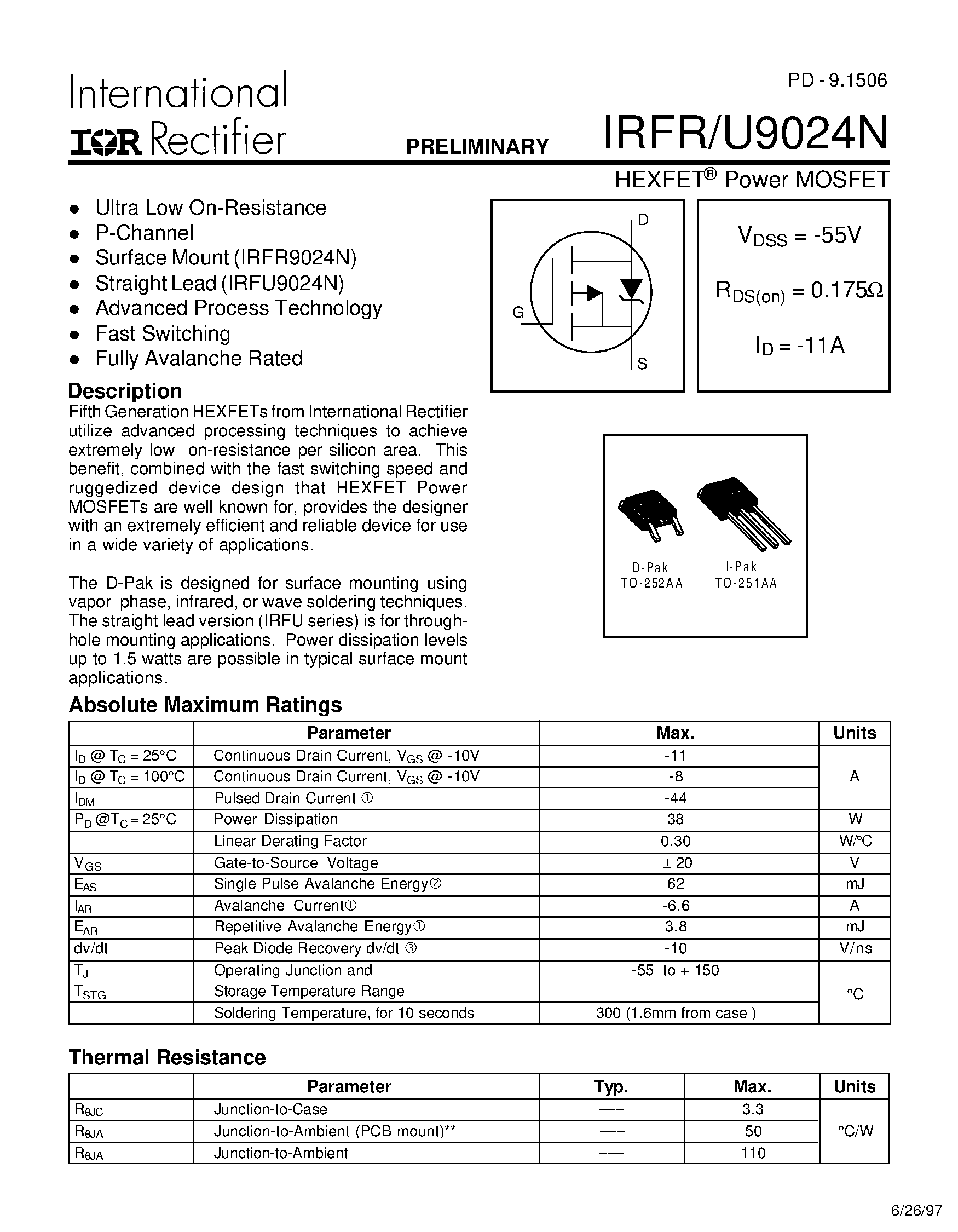 Datasheet IRFR9024N - Power MOSFET page 1