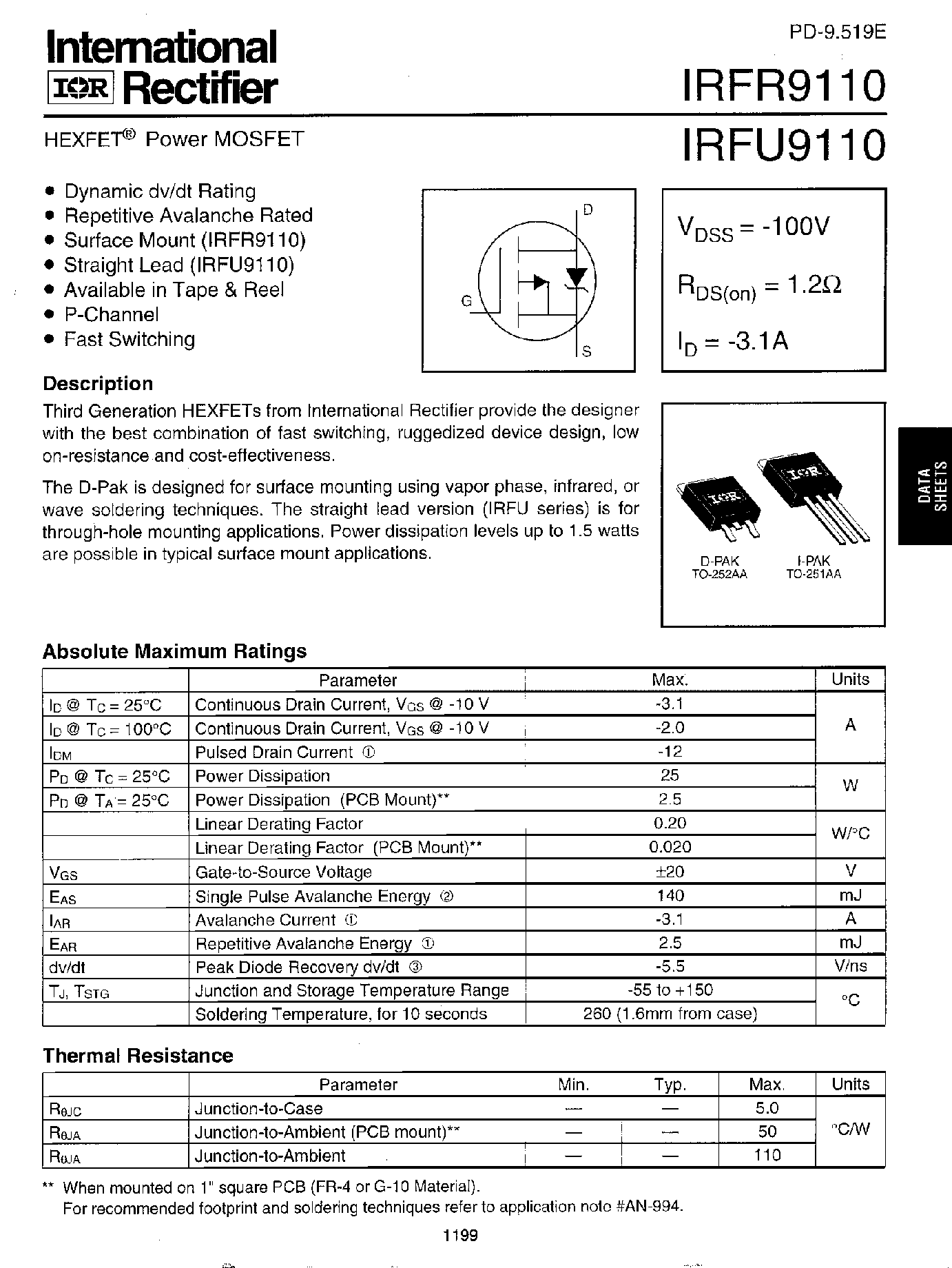 Datasheet IRFR9110 - Power MOSFET page 1