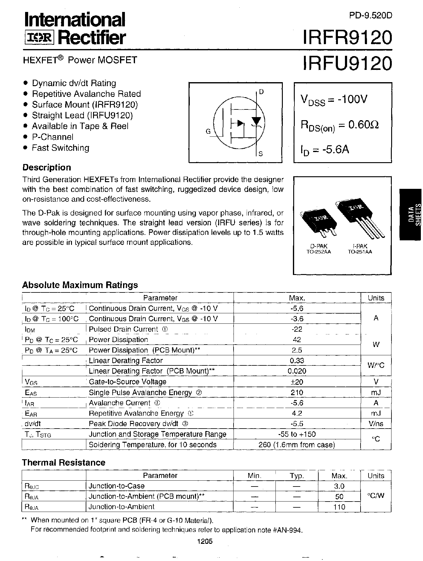 Datasheet IRFR9120 - Power MOSFET page 1