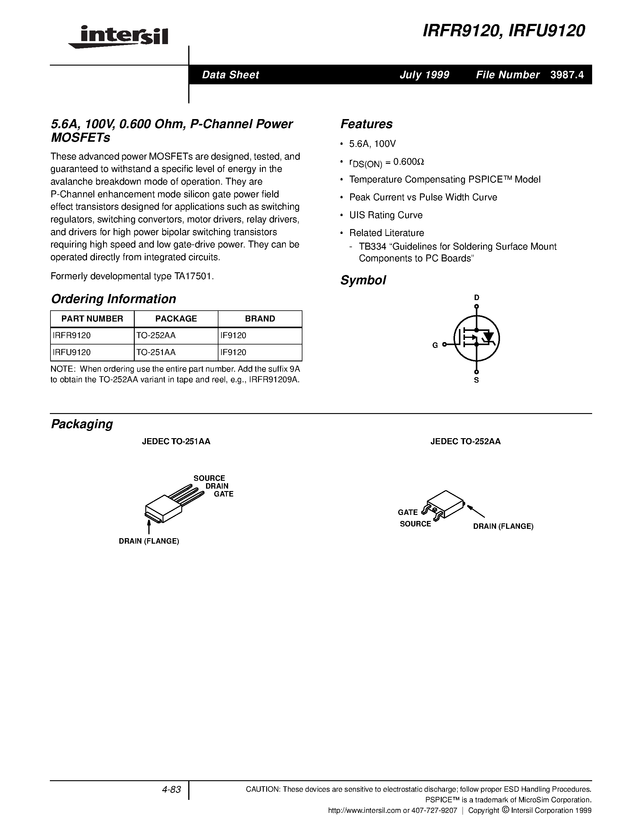 Datasheet IRFR9120 page 1 Datasheet IRFR9120 - P Channel Power MOSFET page 1