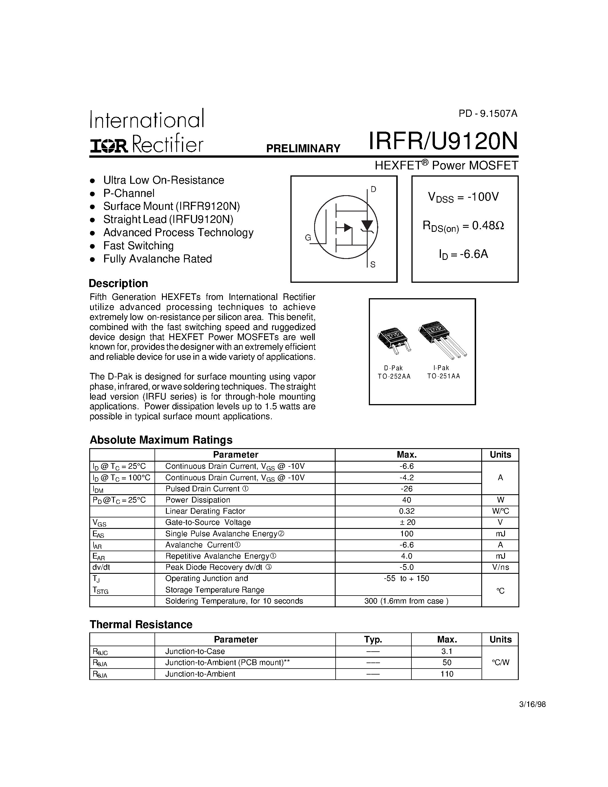 Datasheet IRFR9120N page 1 Datasheet IRFR9120N - Power MOSFET page 1