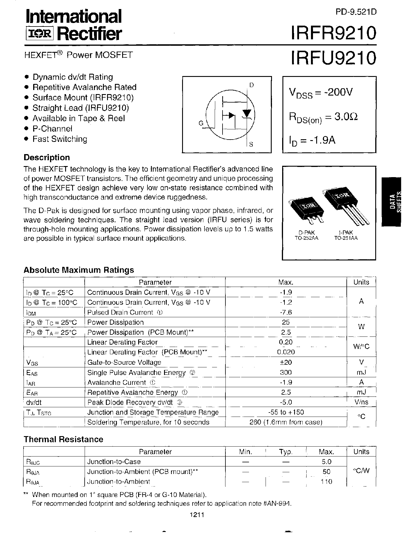 Datasheet IRFR9210 page 1 Datasheet IRFR9210 - Power MOSFET page 1