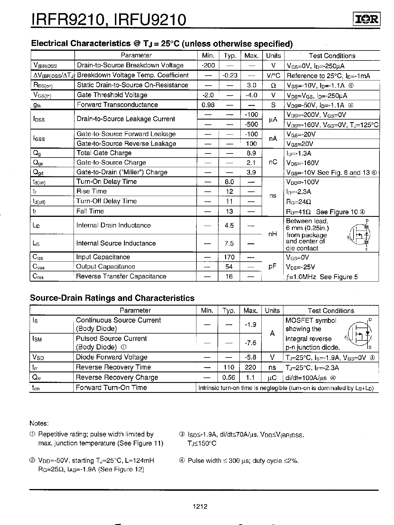 Datasheet IRFR9210 page 2 Datasheet IRFR9210 - Power MOSFET page 2