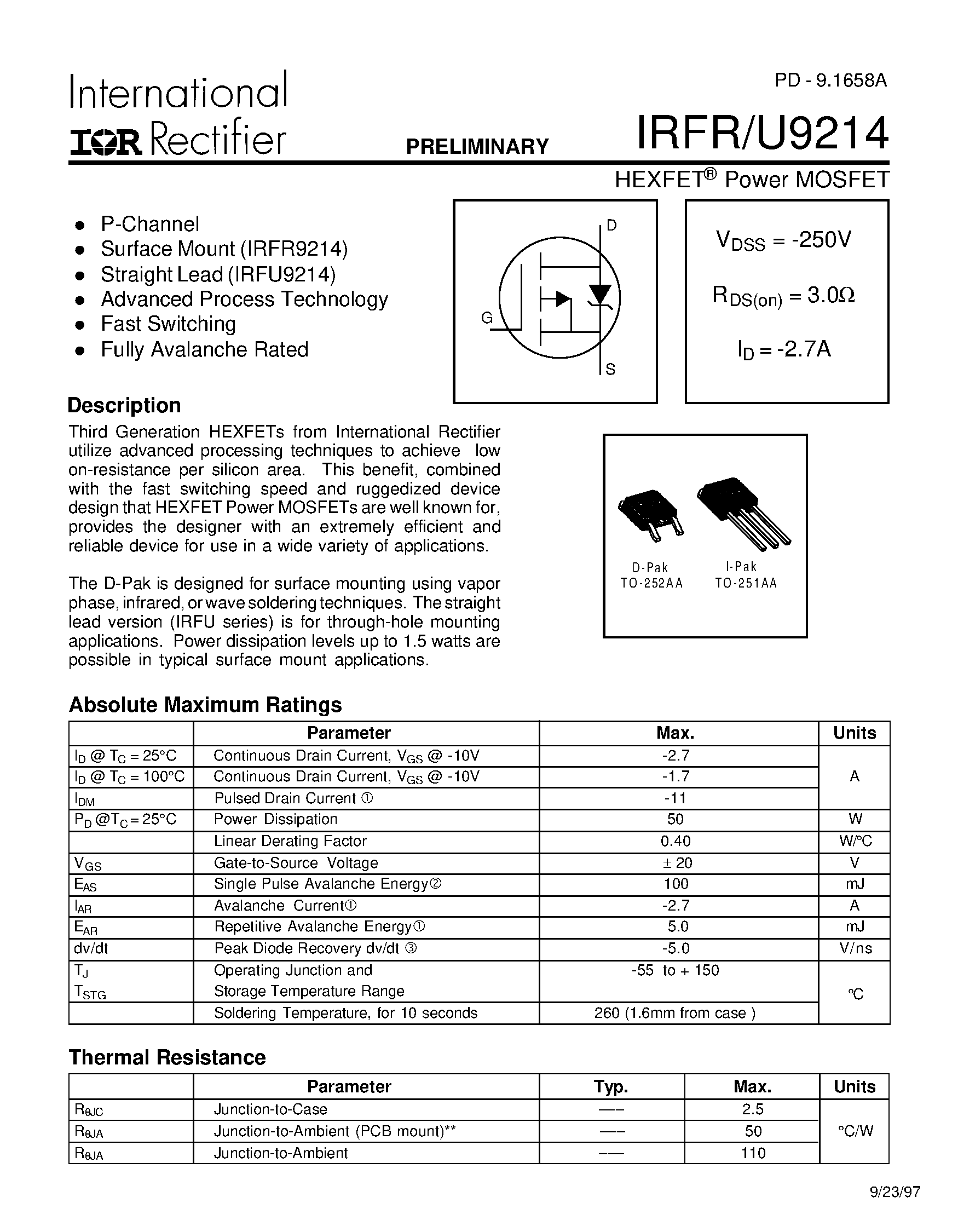 Datasheet IRFR9214 page 1 Datasheet IRFR9214 - Power MOSFET page 1
