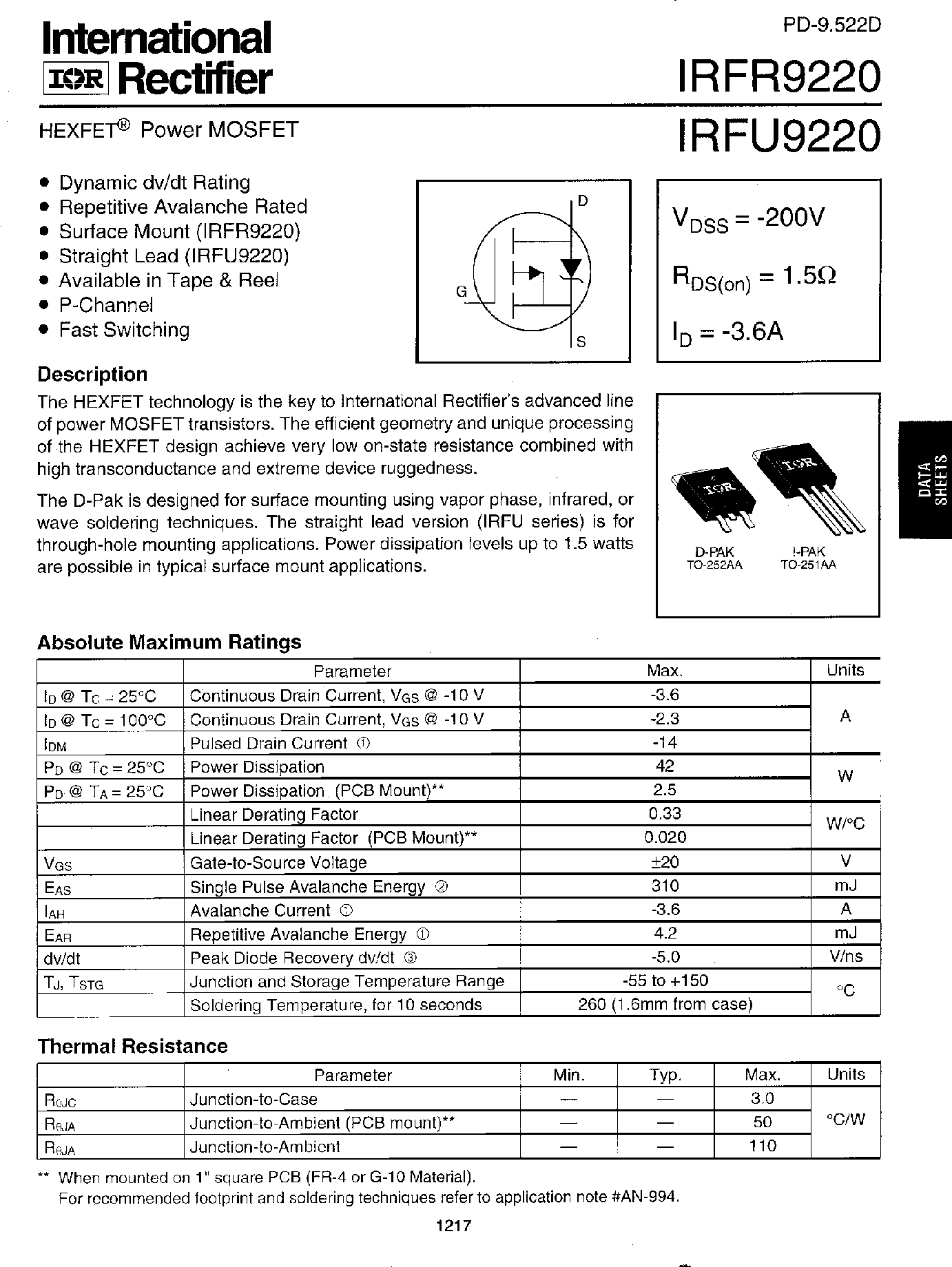 Datasheet IRFR9220 - Power MOSFET page 1