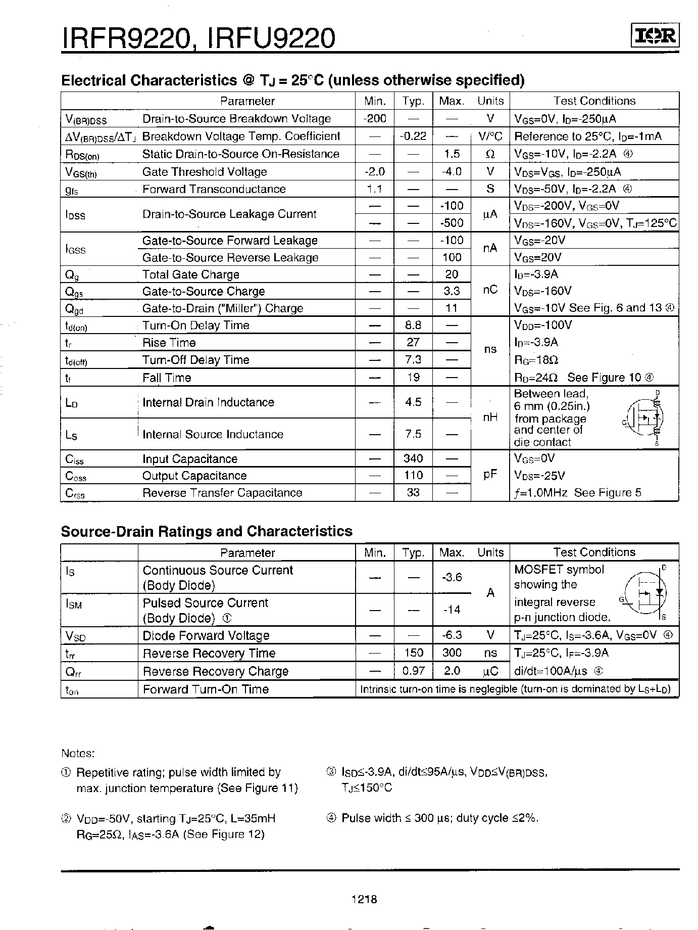 Datasheet IRFR9220 - Power MOSFET page 2
