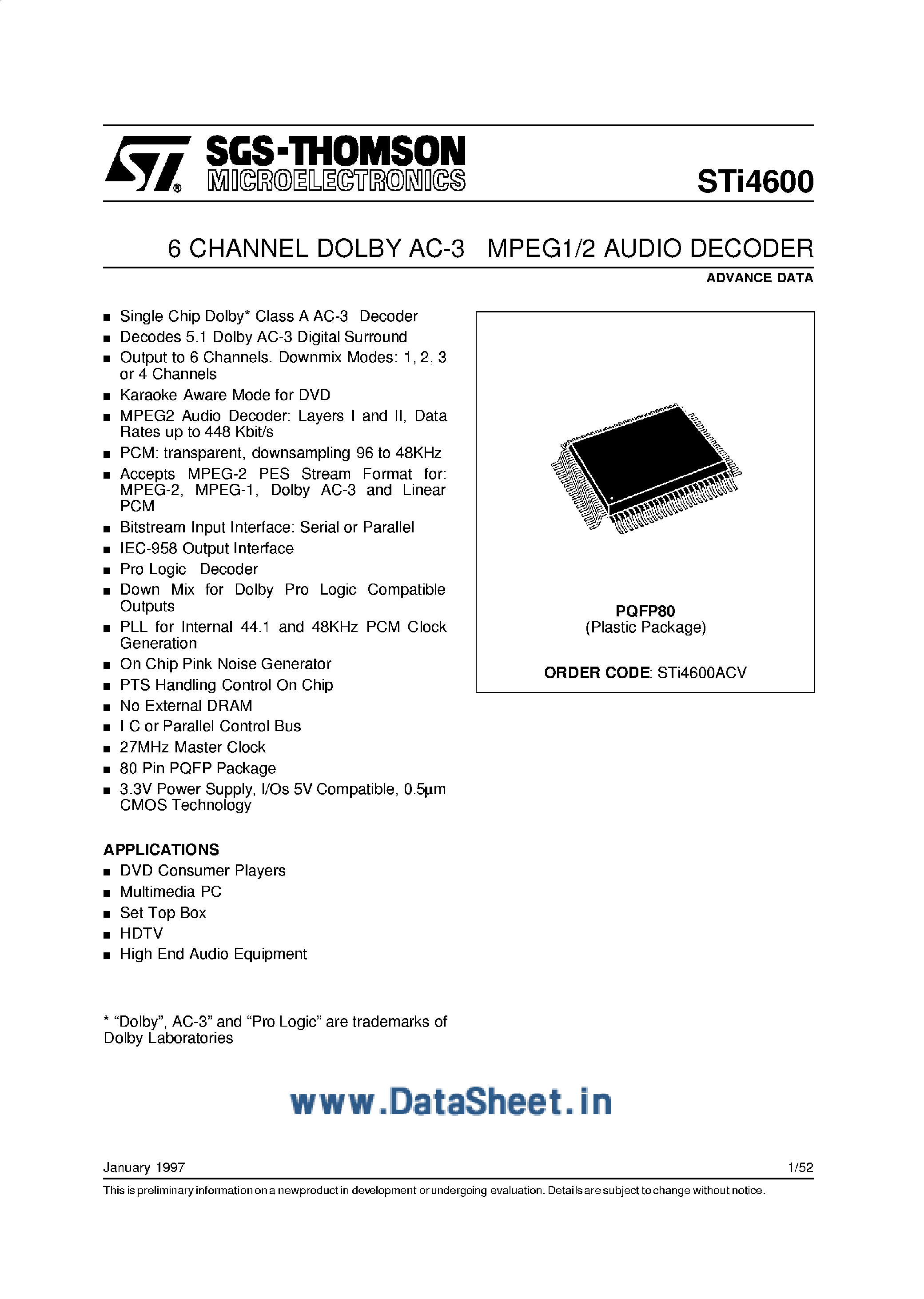 Datasheet STI4600 - 6-Channel Dolby AC-3 MPEG1/2 Audio Decoder page 1