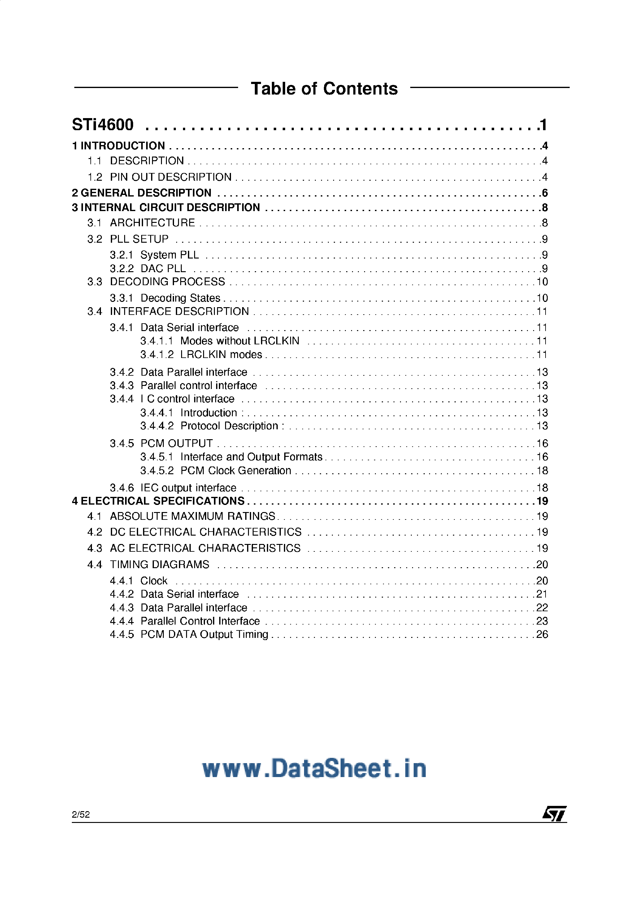 Datasheet STI4600 - 6-Channel Dolby AC-3 MPEG1/2 Audio Decoder page 2