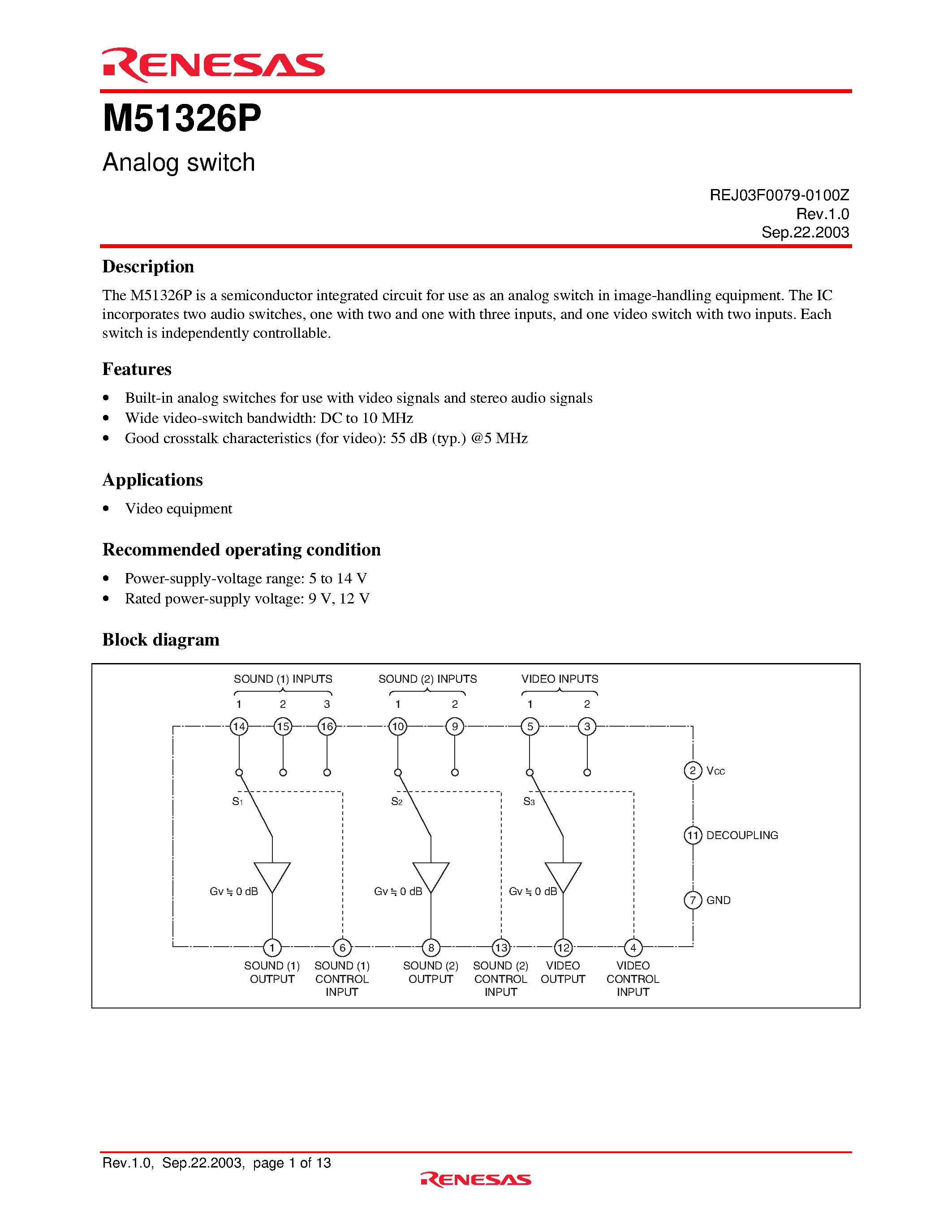 Datasheet M51326P page 1 Datasheet M51326P - Analog switch page 1