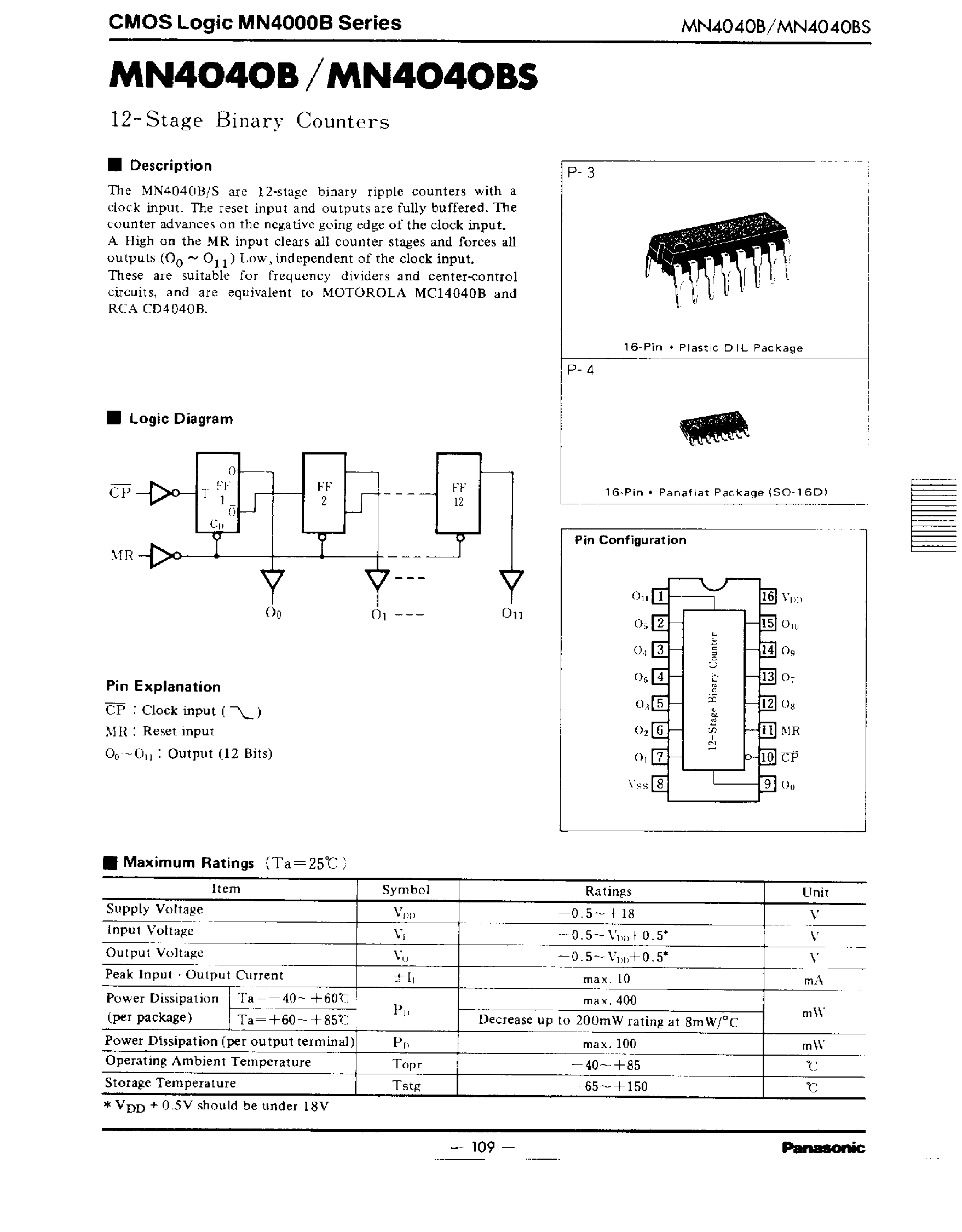Datasheet MN4040B - 12 STAGE BINARY COUNTERS page 1