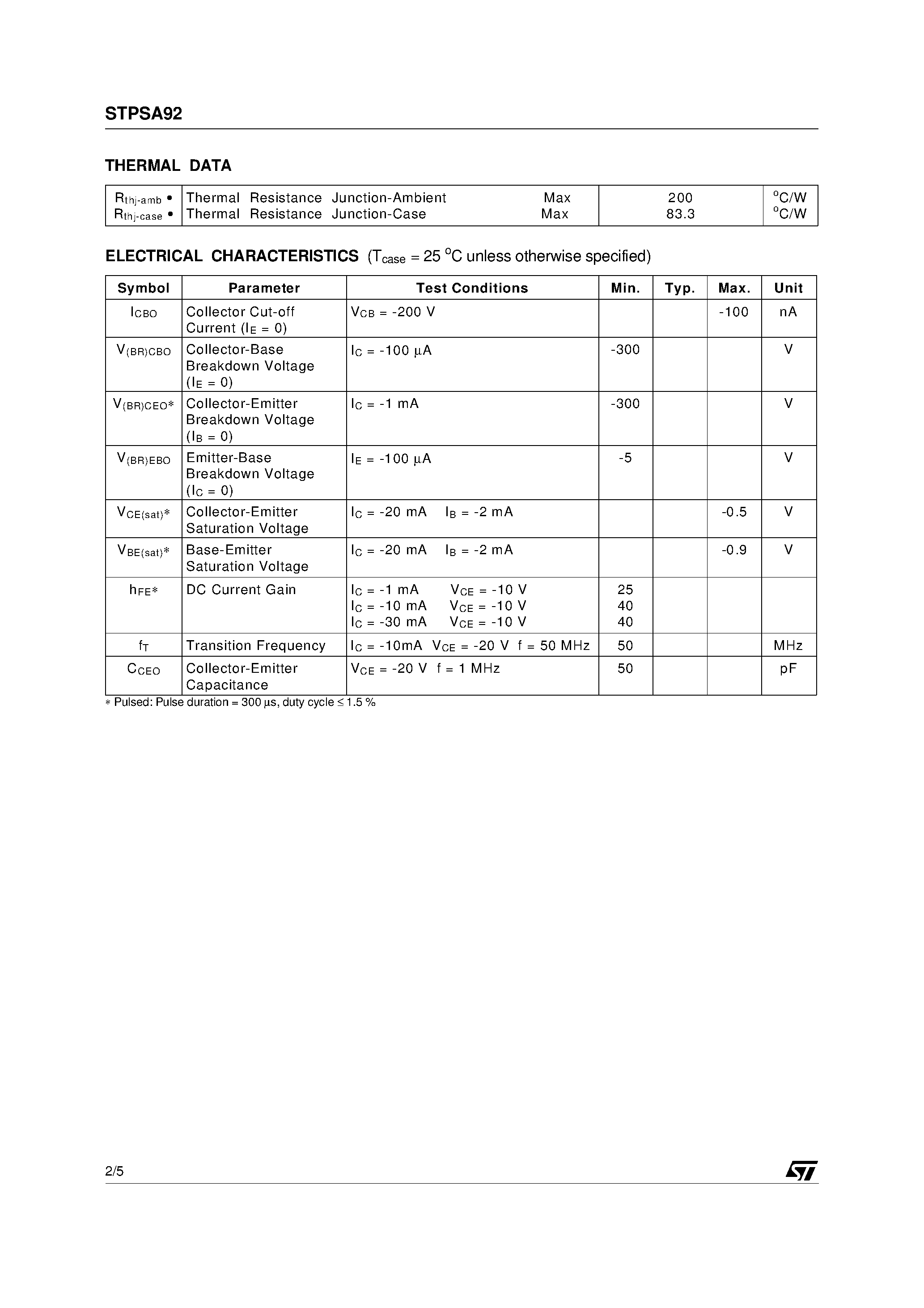 Datasheet STPSA92 - SMALL SIGNAL PNP TRANSISTOR page 2