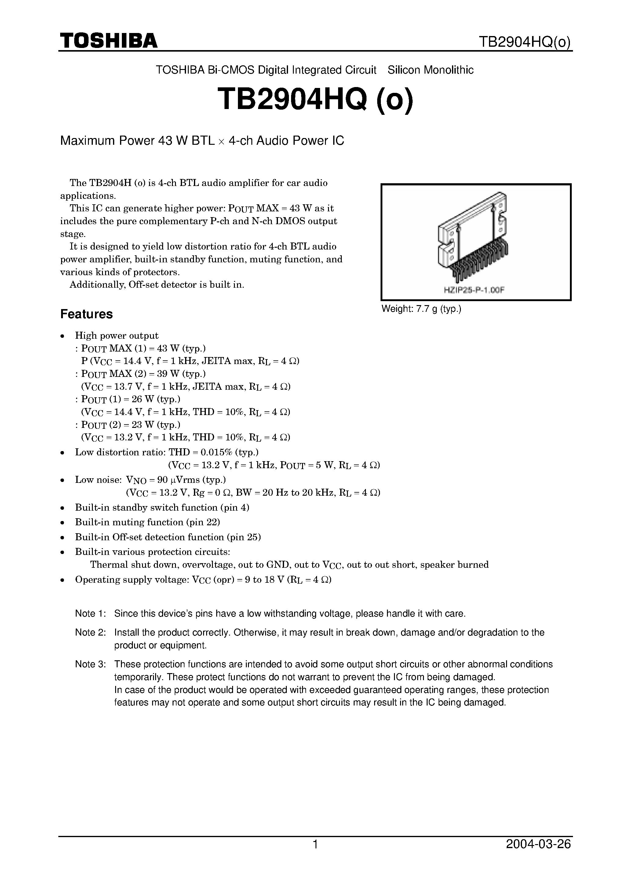 Datasheet TB2904HQ - Maximum Power 43 W BTL 4-ch Audio Power IC page 1