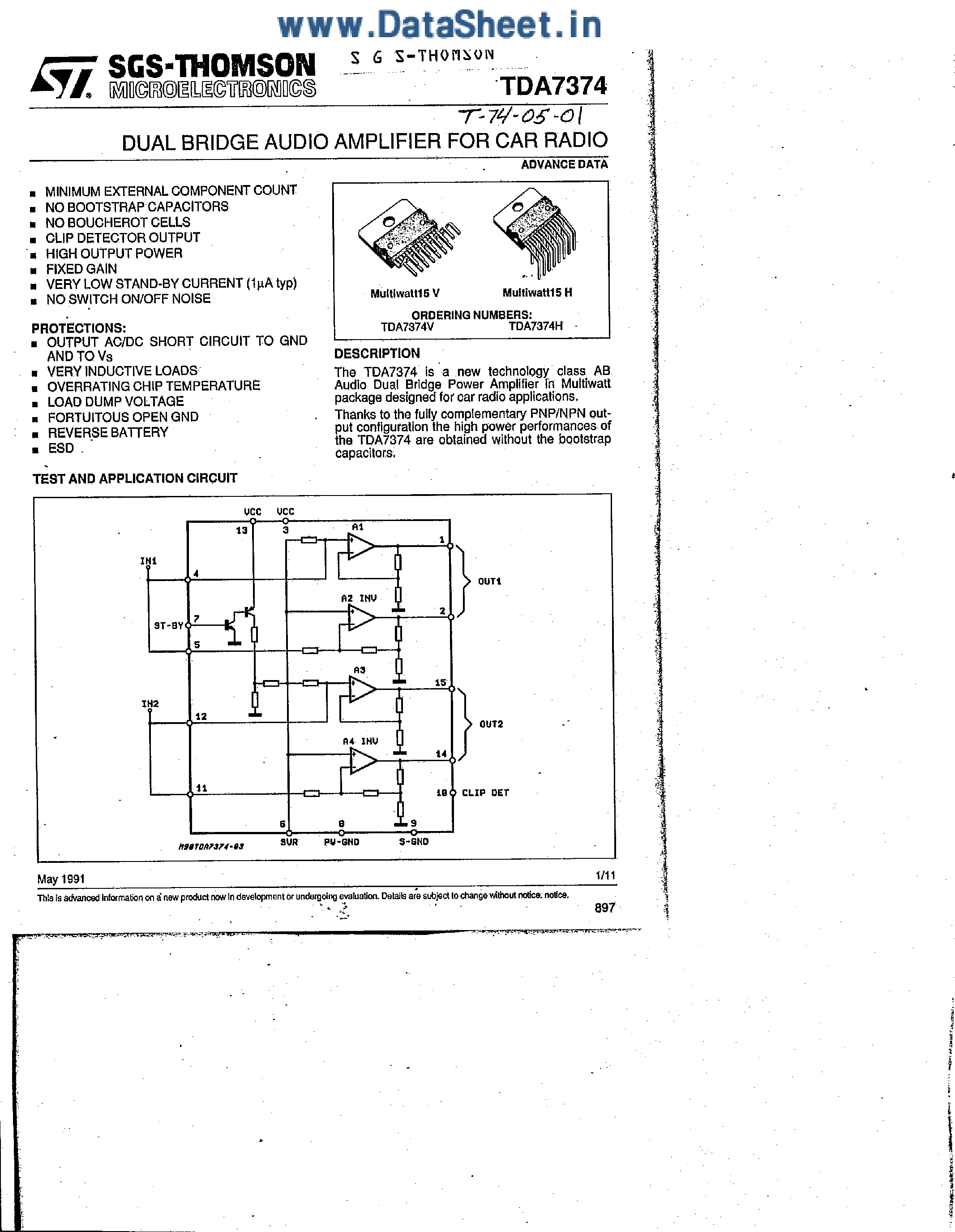 Datasheet TDA7374 - DUAL BRIDGE AUDIO AMPLIFIER FOR CAR RADIO page 1