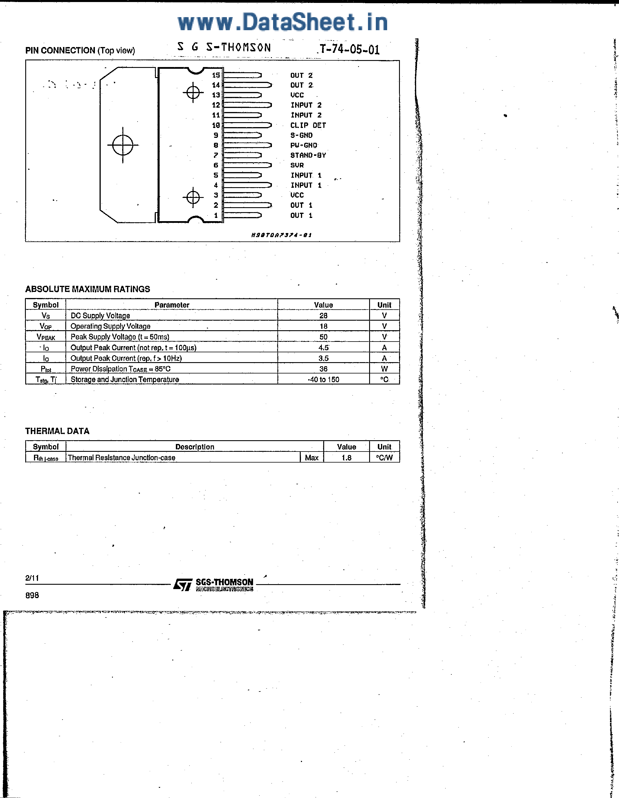 Datasheet TDA7374 - DUAL BRIDGE AUDIO AMPLIFIER FOR CAR RADIO page 2