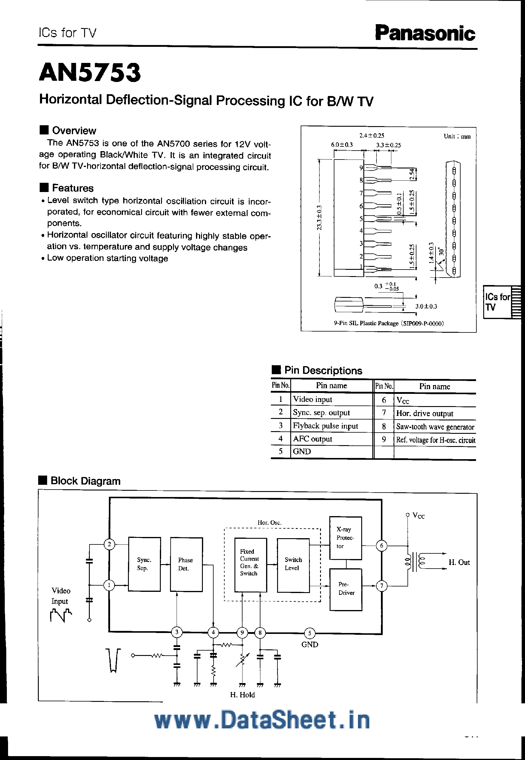 Даташит AN5753 - Horizontal Deflection-Signal Processing IC for B/W TV страница 1