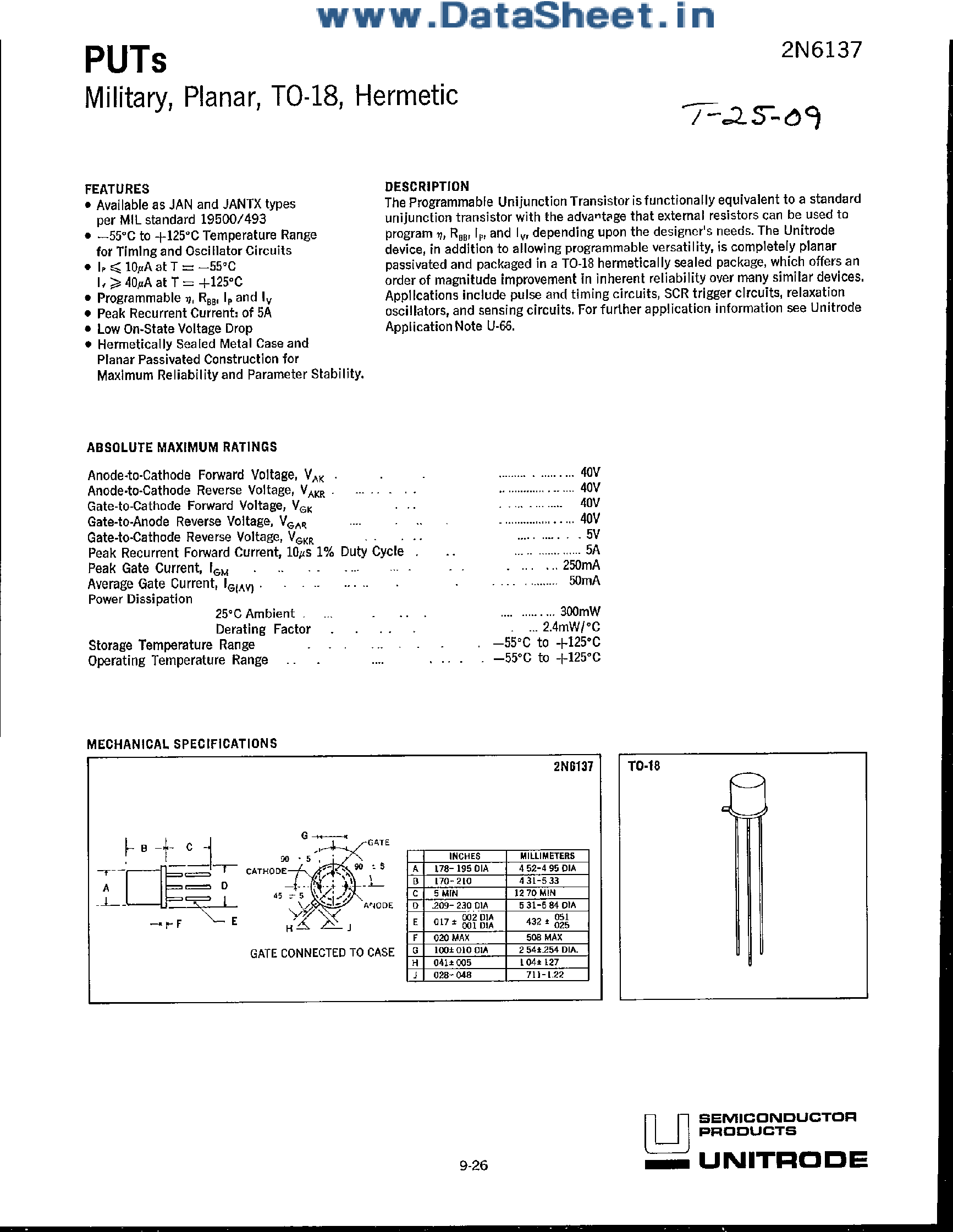Datasheet 2N6137 - PROGRAMMABLE UNIJUNCTION TRANSISTOR page 1
