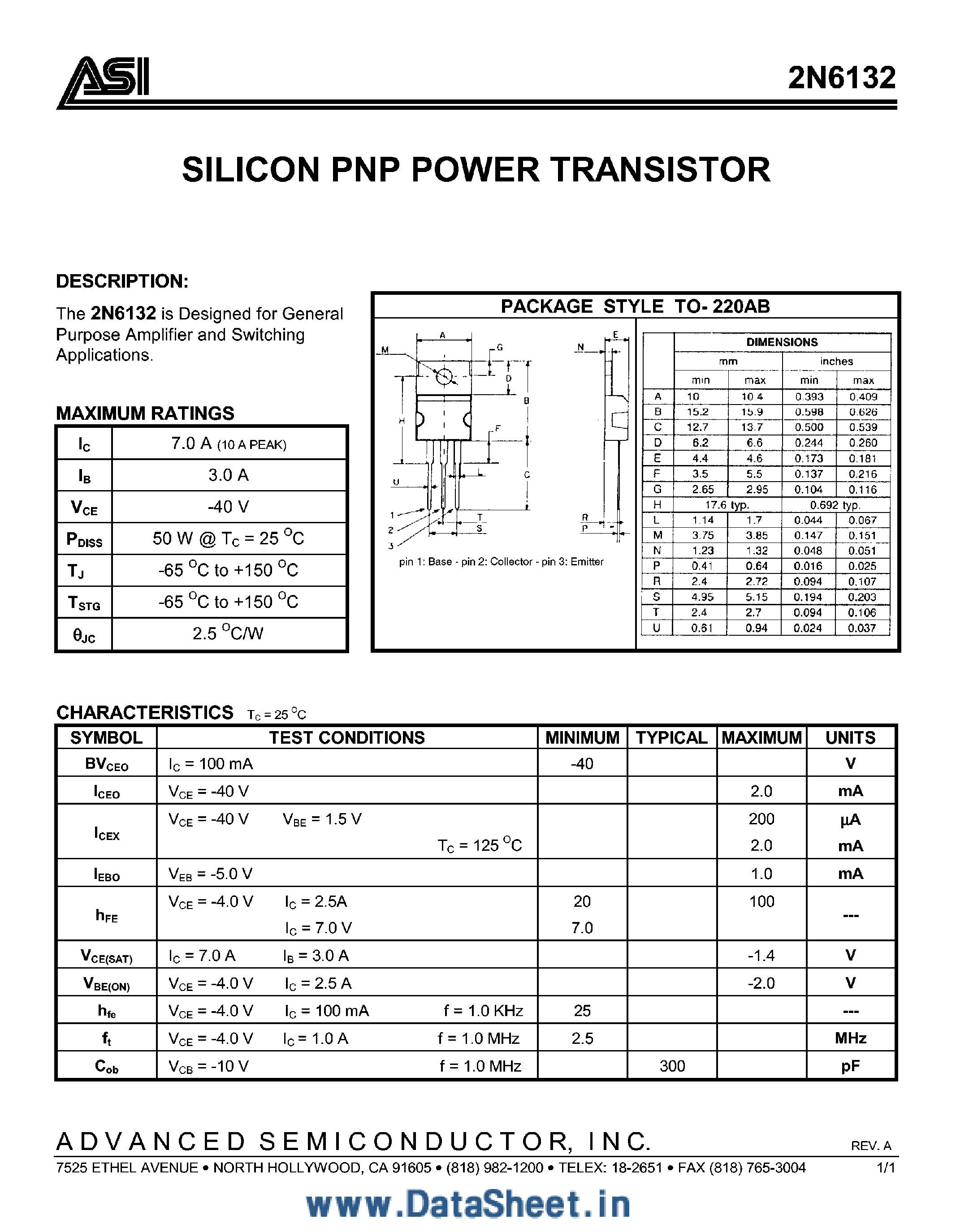 Datasheet 2N6132 - Silicon PNP Power Transistor page 1