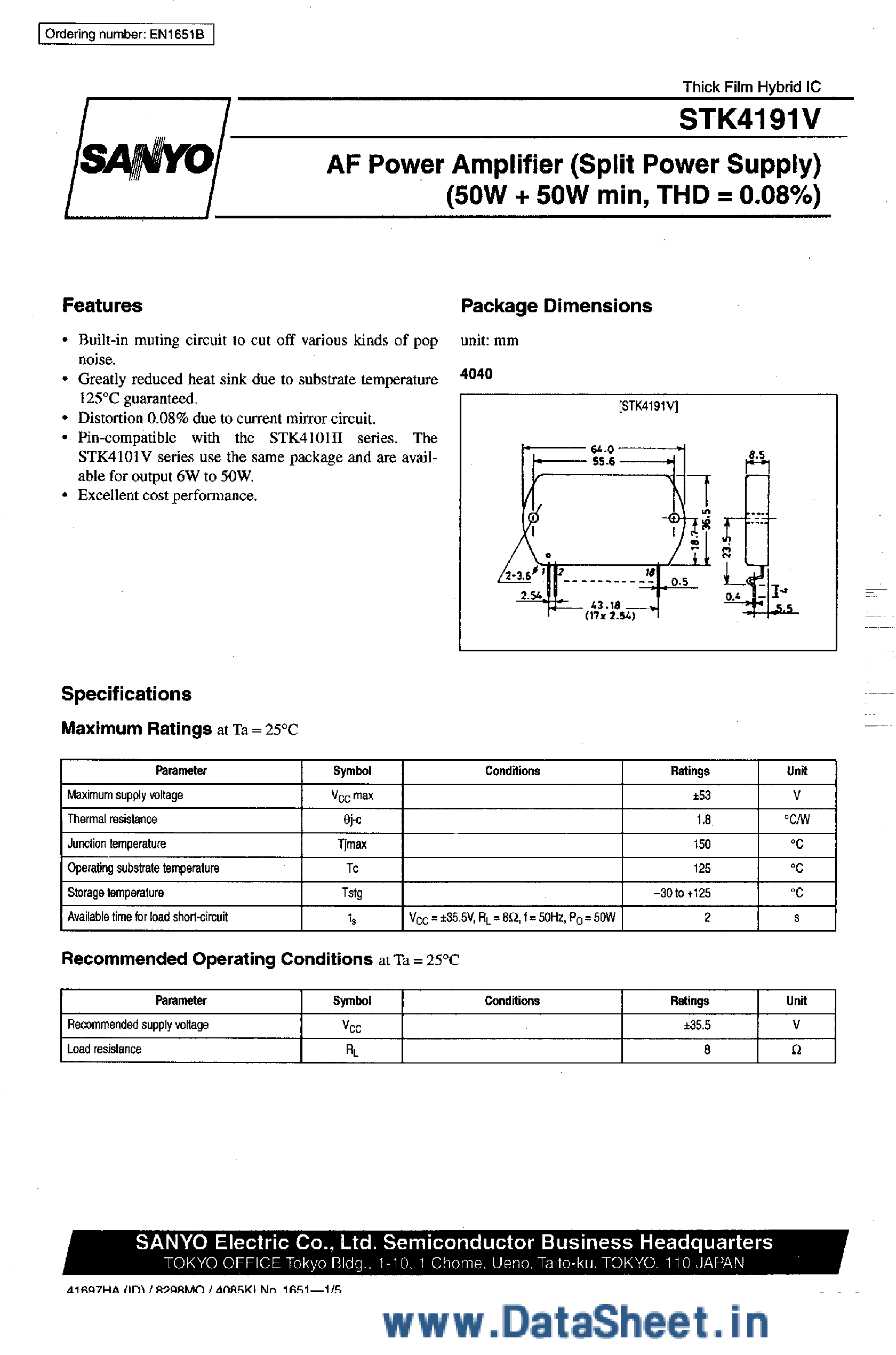 Даташит STK4191V - AF Power Amplifier страница 1