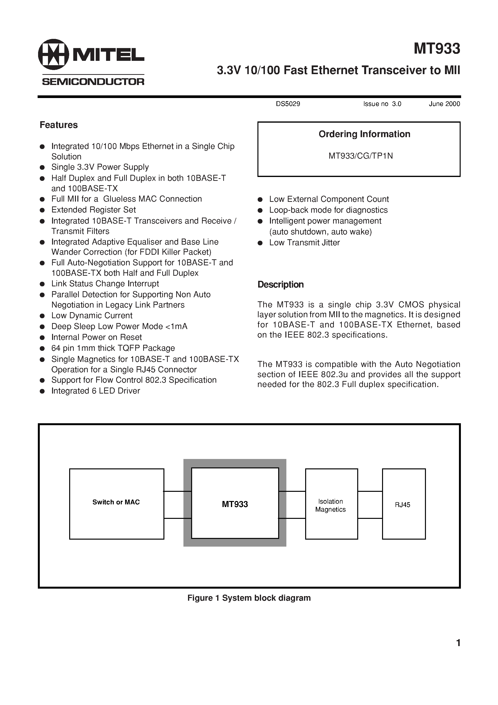Datasheet MT933 - 3.3V 10/100 Fast Ethernet Transceiver to MII page 2