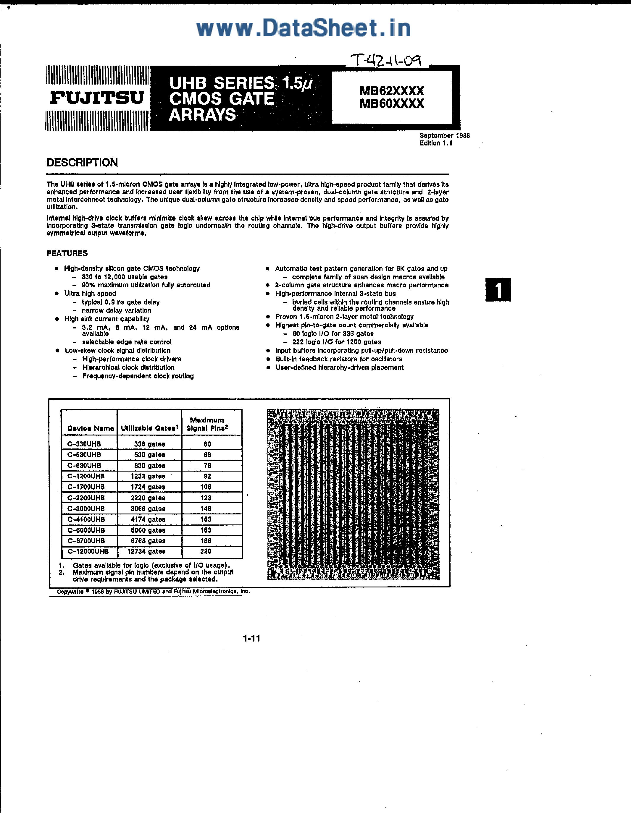 Datasheet MB60xxxx - UHB Series 1.5u CMOS Gate Arrays page 1