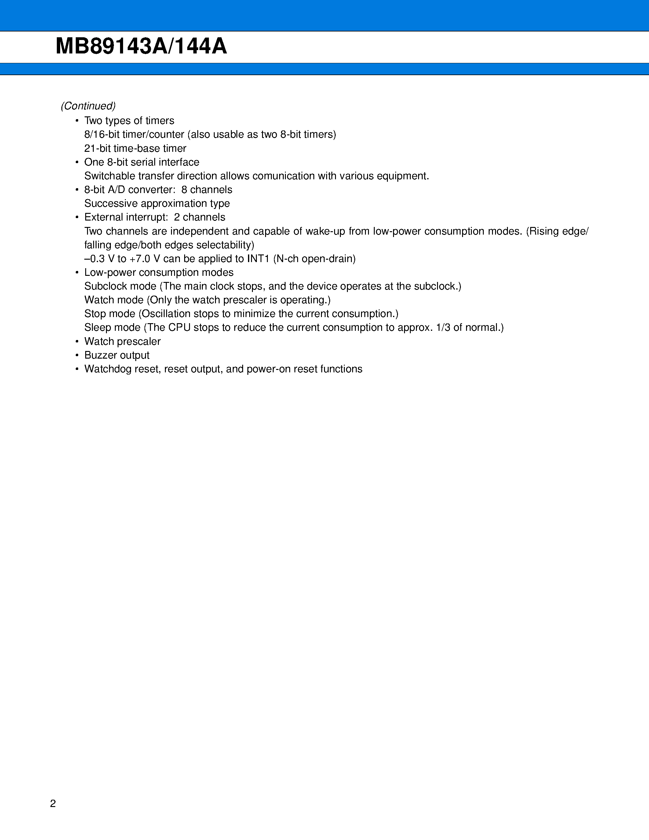 Даташит на микросхему MB89143A страница 2 Даташит MB89143A - (MB89143A / MB89144A) 8-bit Proprietary Microcontroller страница 2