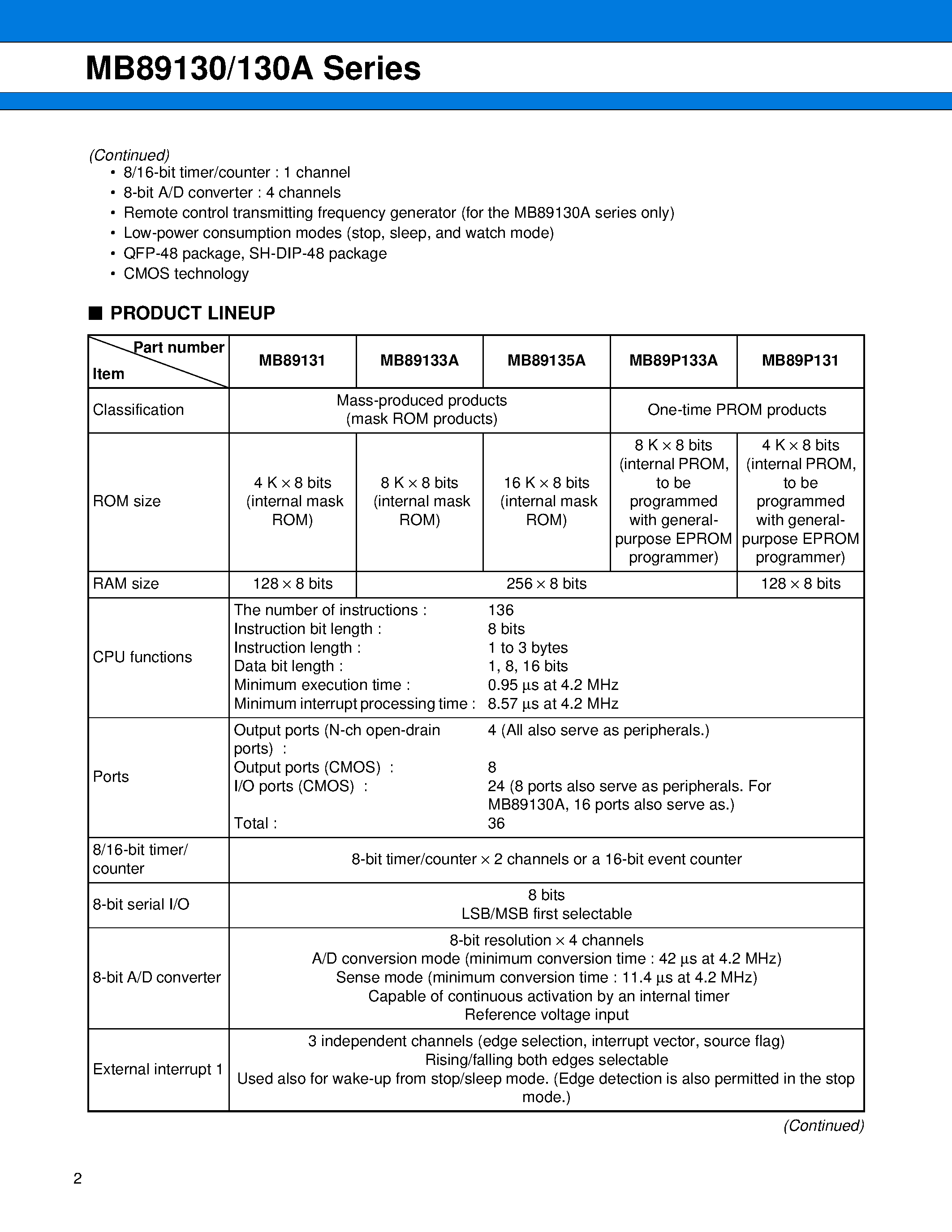 Datasheet MB89130 page 2 Datasheet MB89130 - (MB89130 - MB89135) 8-bit Proprietary Microcontroller page 2