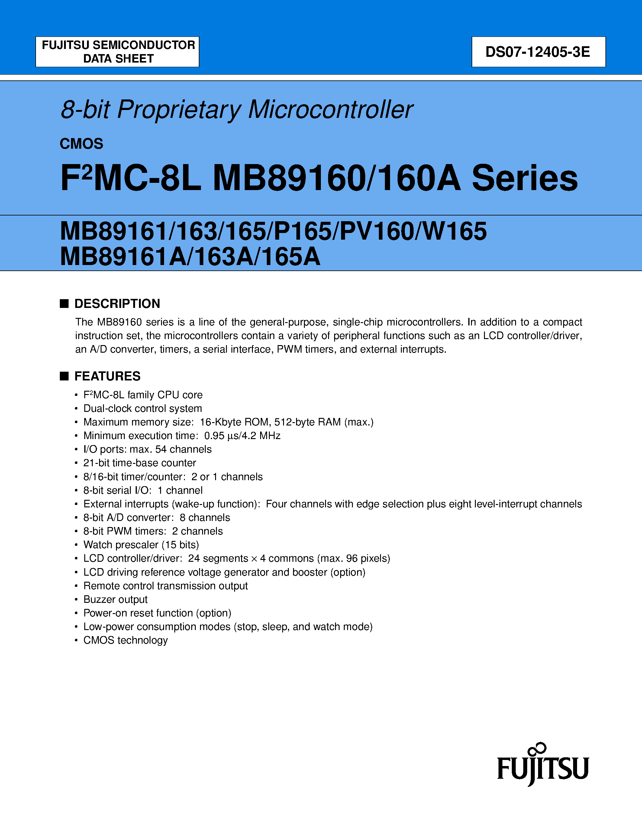 Datasheet MB89160 page 1 Datasheet MB89160 - 8-bit Proprietary Microcontroller page 1