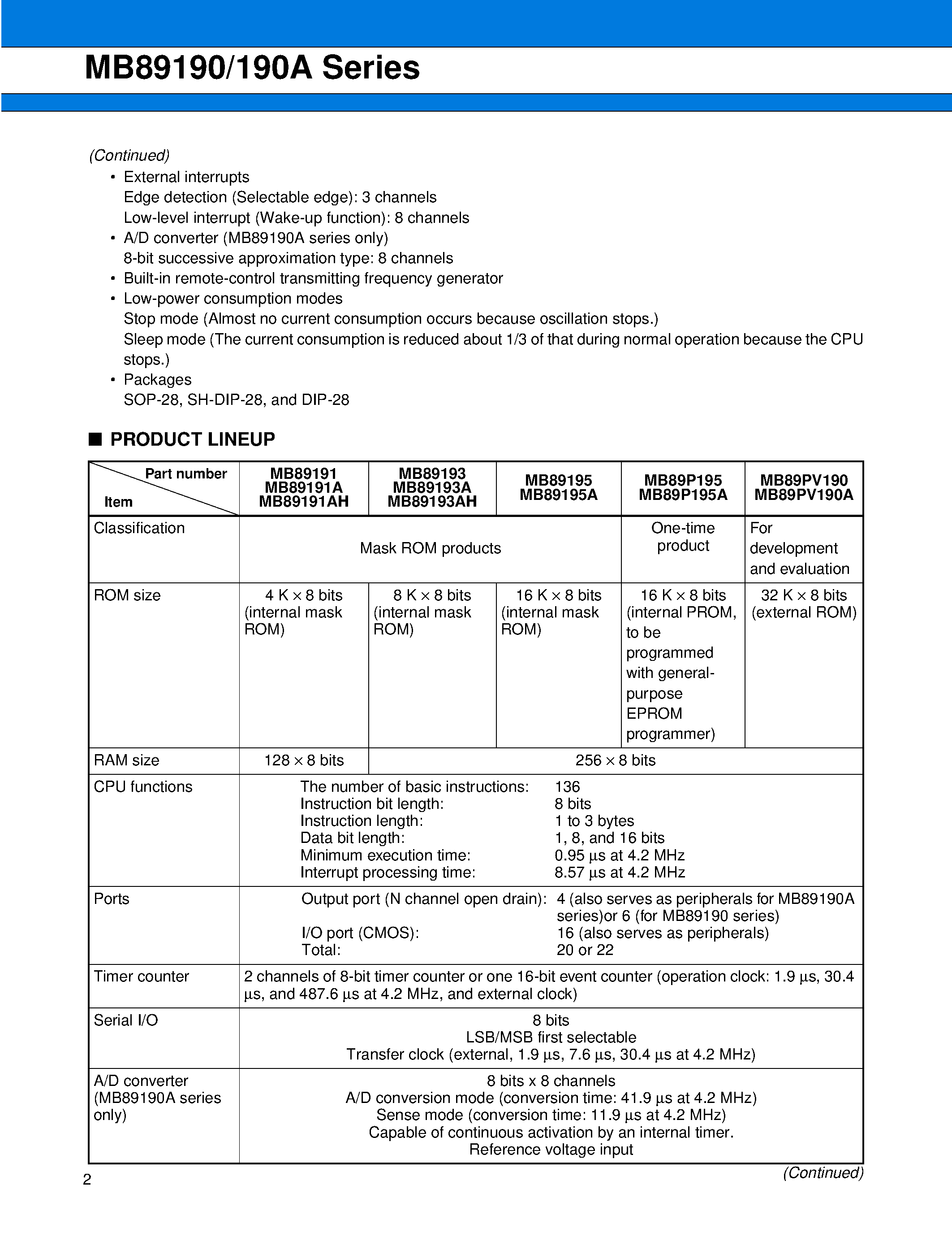 Datasheet MB89191 page 2 Datasheet MB89191 - (MB89191 - MB89195) 8-bit Proprietary Microcontroller page 2