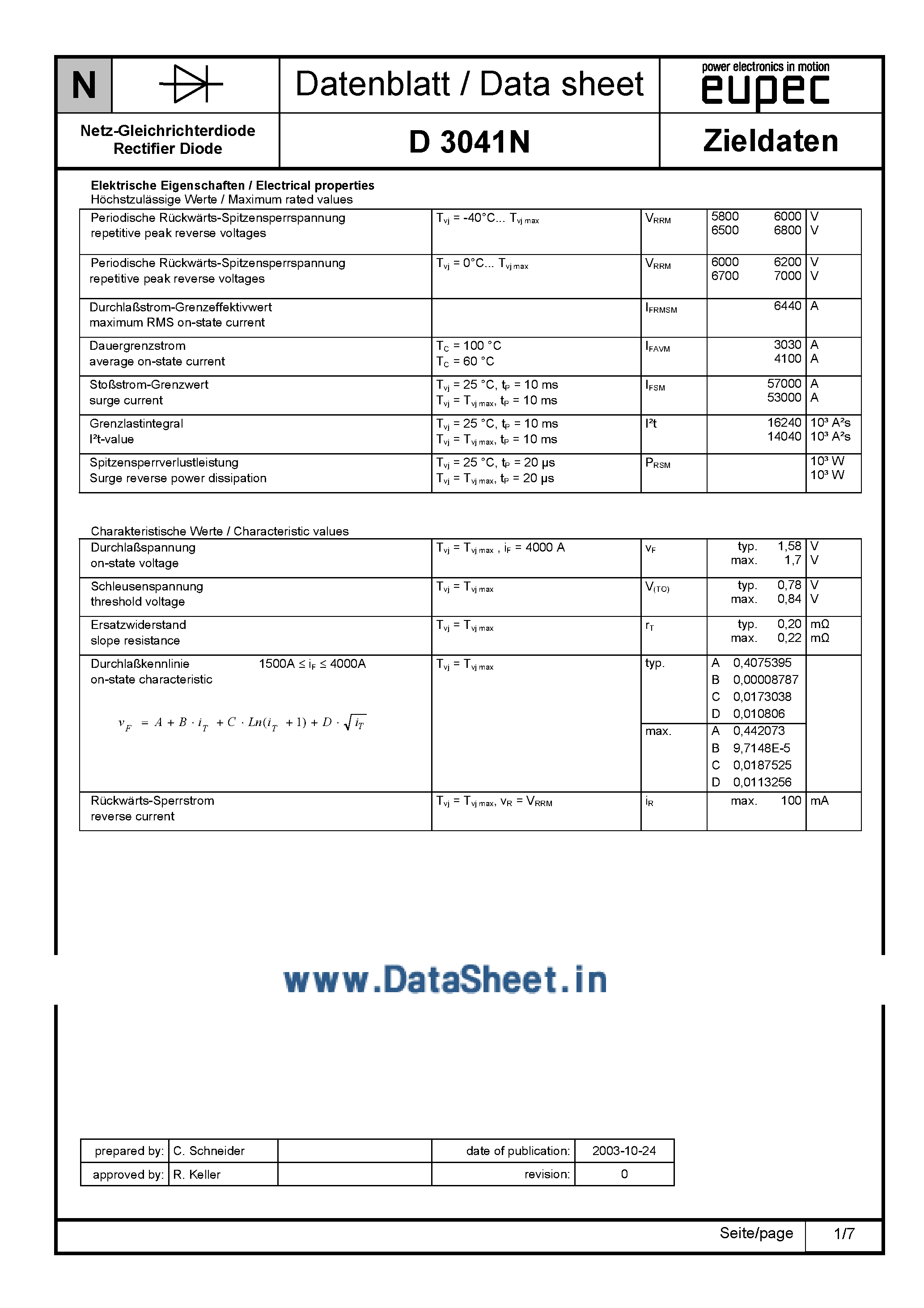 Datasheet D3041N page 1 Datasheet D3041N - Rectifier Diode page 1