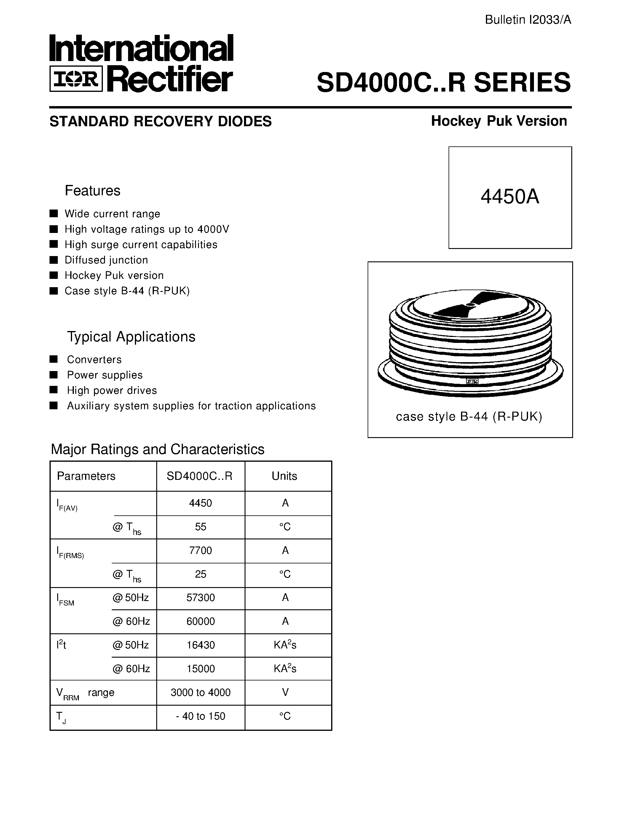Даташит на микросхему SD4000C страница 1 Даташит SD4000C - STANDARD RECOVERY DIODES Hockey Puk Version страница 1